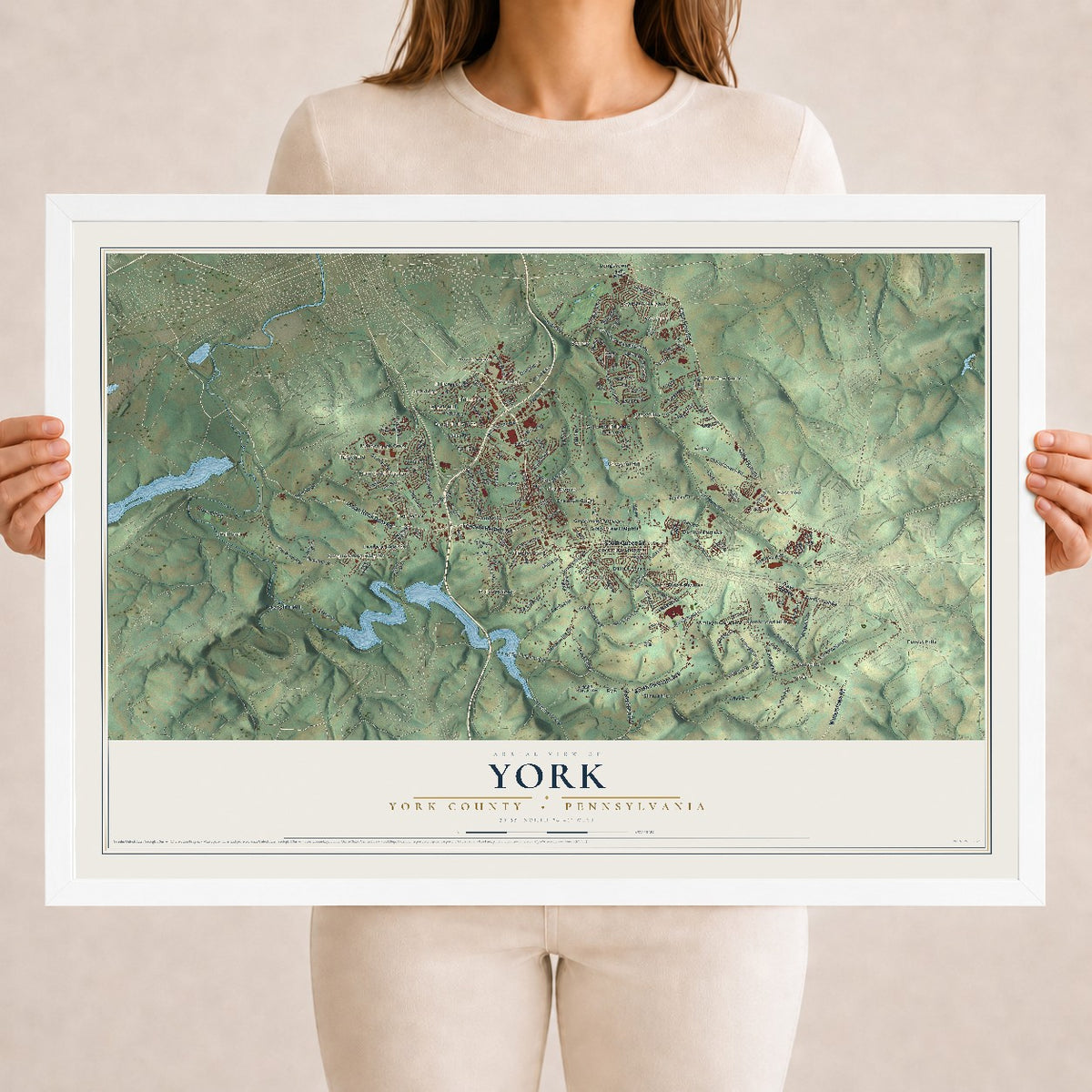 Map of York, York County, Pennsylvania, 18 x 24 inch print in a white wood frame