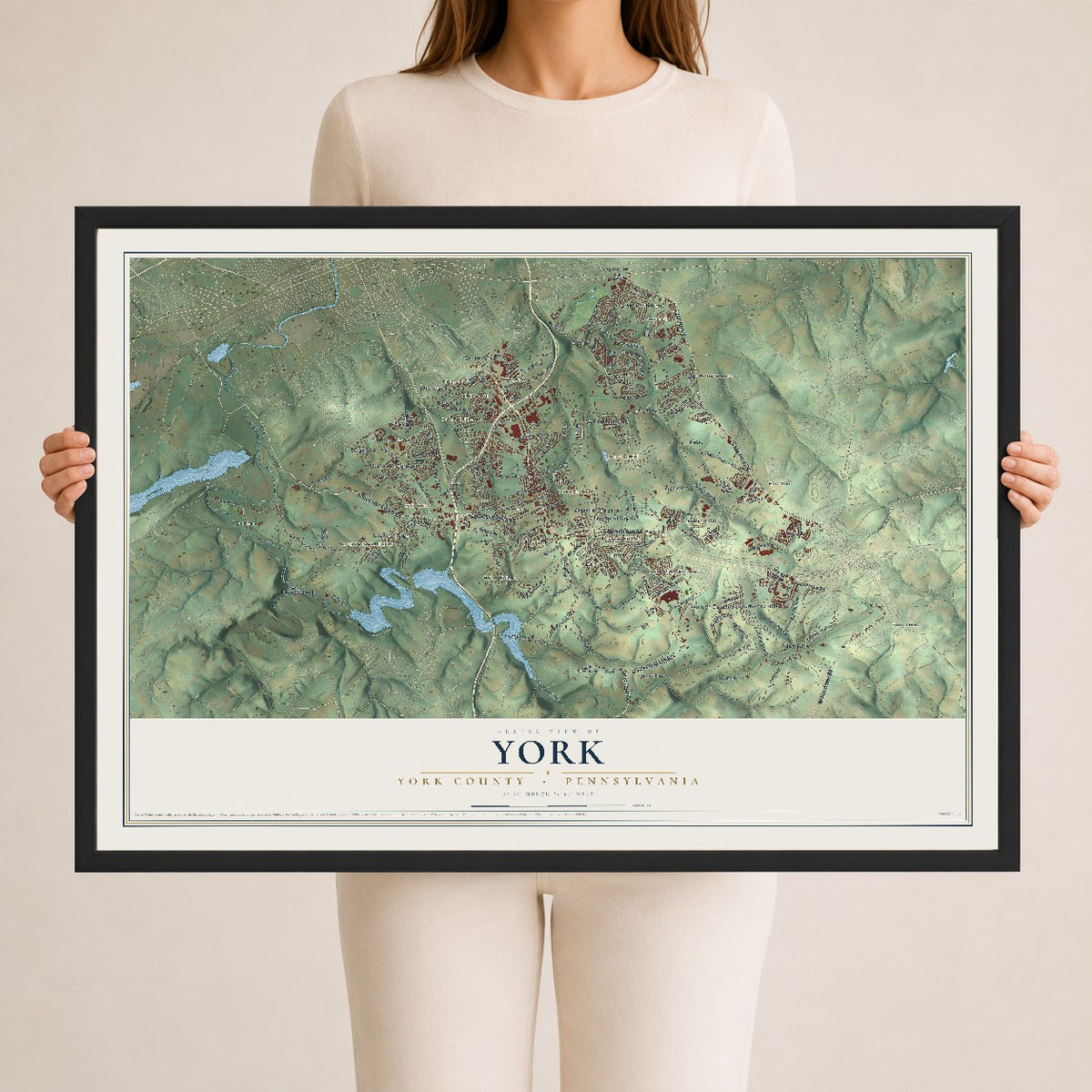 Map of York, York County, Pennsylvania, 24 x 36 inch print in a black wood frame