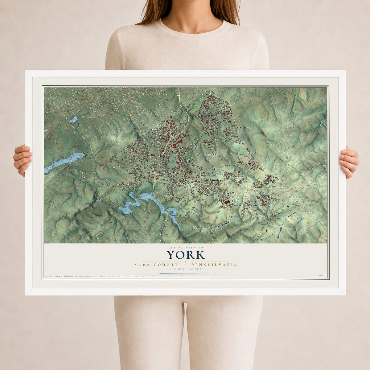Map of York, York County, Pennsylvania, 24 x 36 inch print in a white wood frame