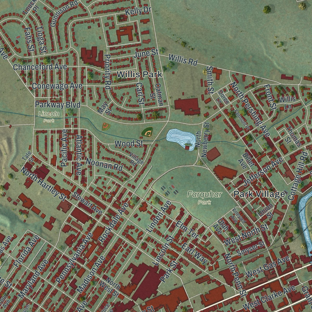 Second close-up of the map of the City of York, York County, Pennsylvania print showing more streets and buildings