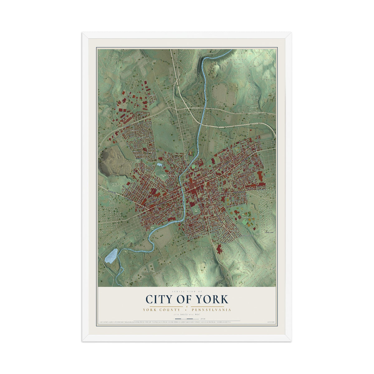 Map of the City of York, York County, Pennsylvania, 12 x 18 inch print in a white wood frame