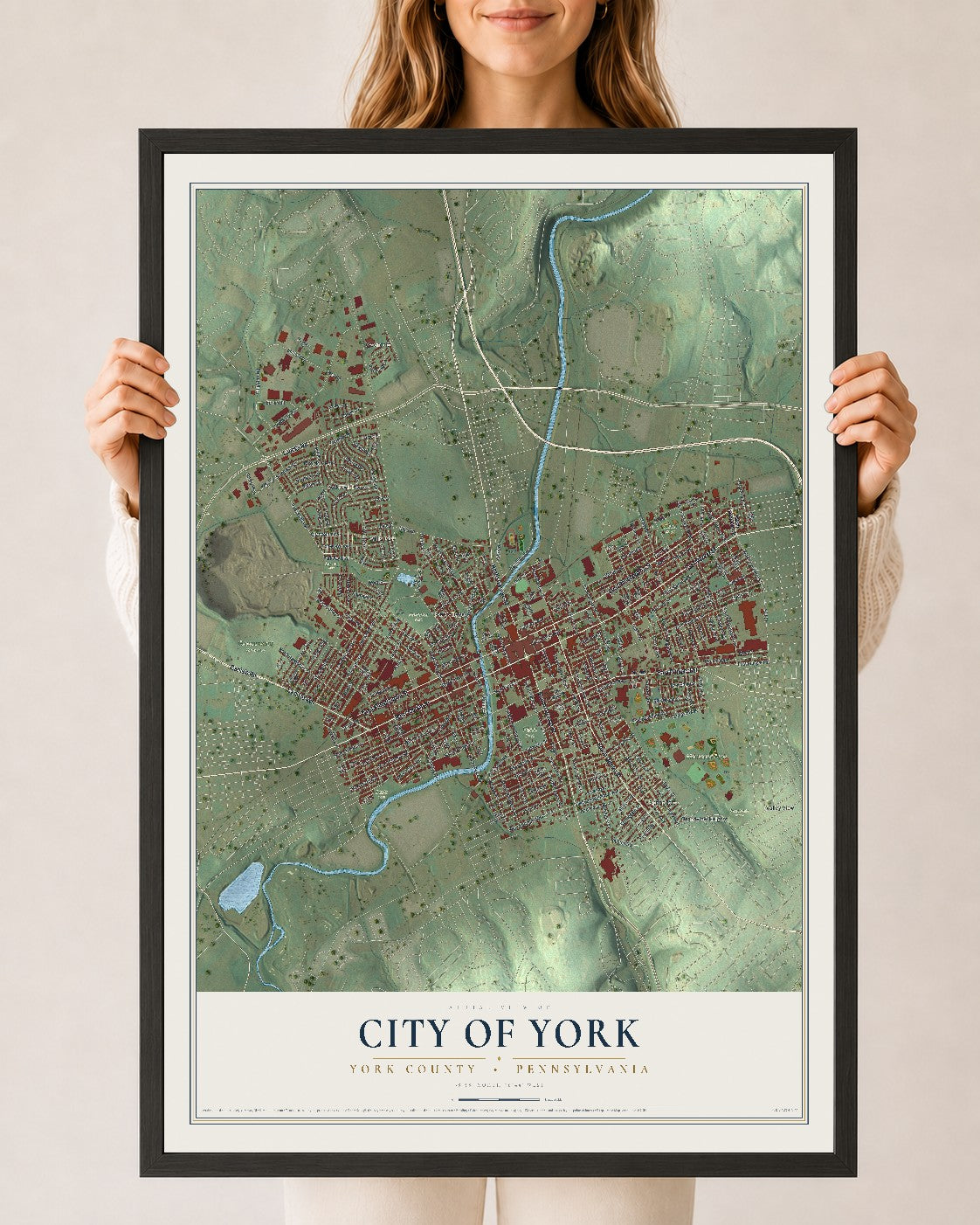 Map of the City of York, York County, Pennsylvania, 24 x 36 inch print in a black wood frame