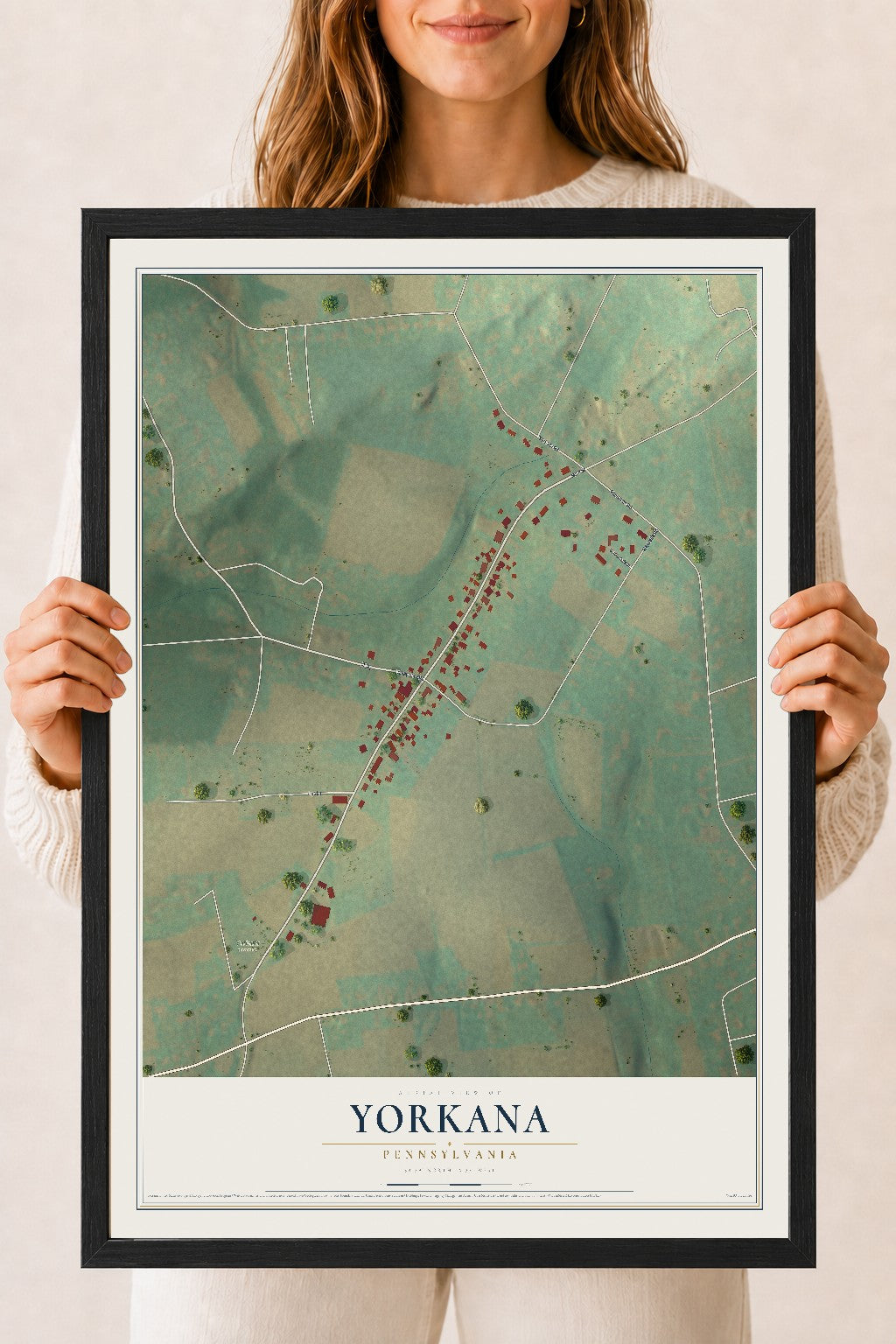 Map of Yorkana, Pennsylvania, 18 x 24 inch print in a black wood frame