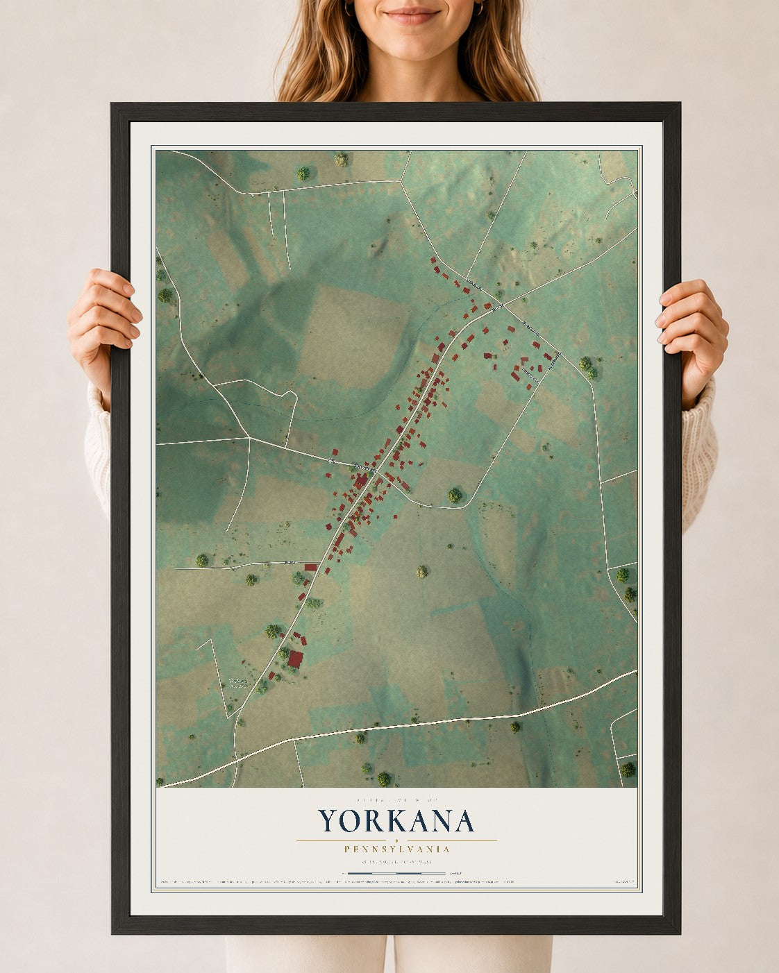 Map of Yorkana, Pennsylvania, 24 x 36 inch print in a black wood frame