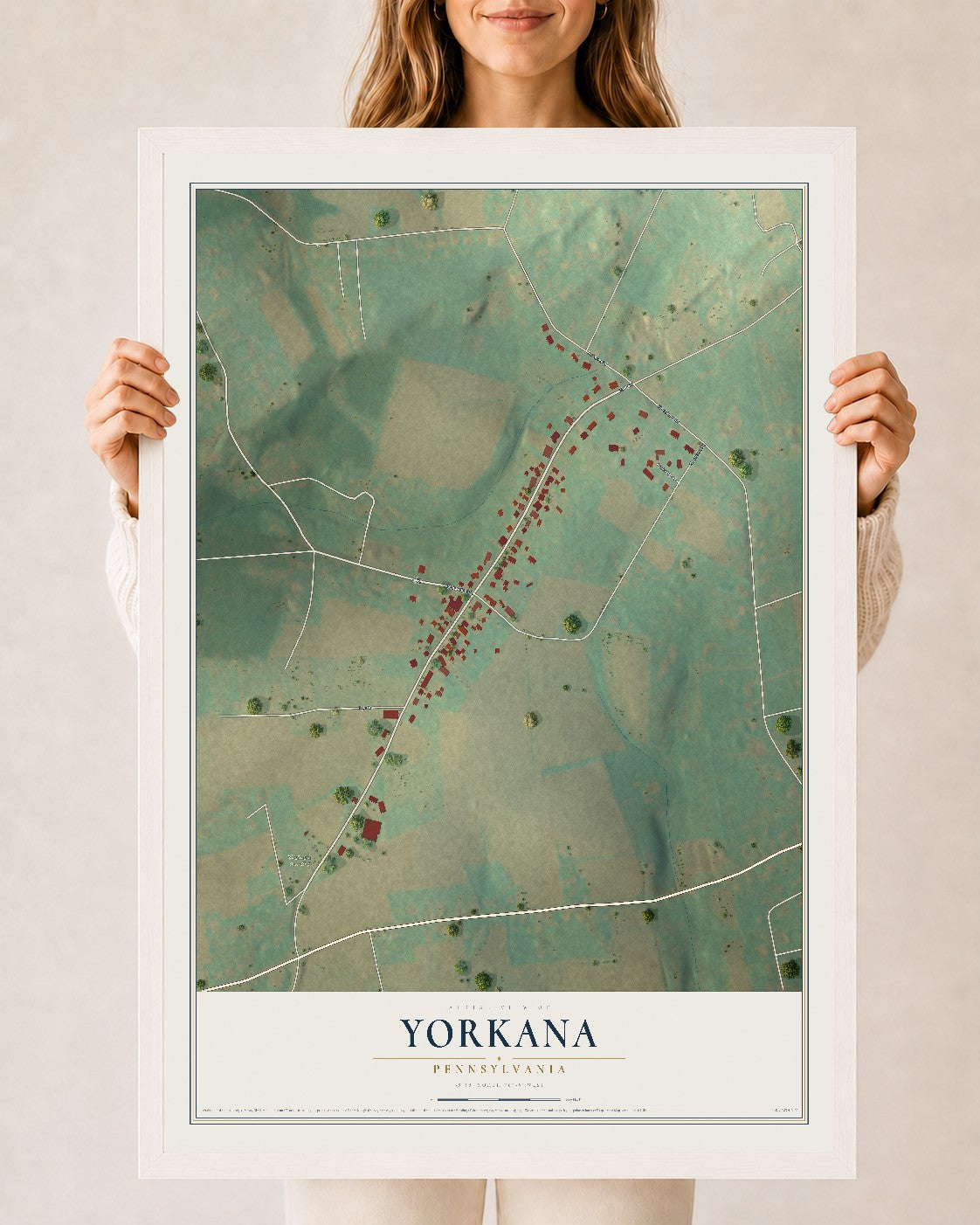 Map of Yorkana, Pennsylvania, 24 x 36 inch print in a white wood frame