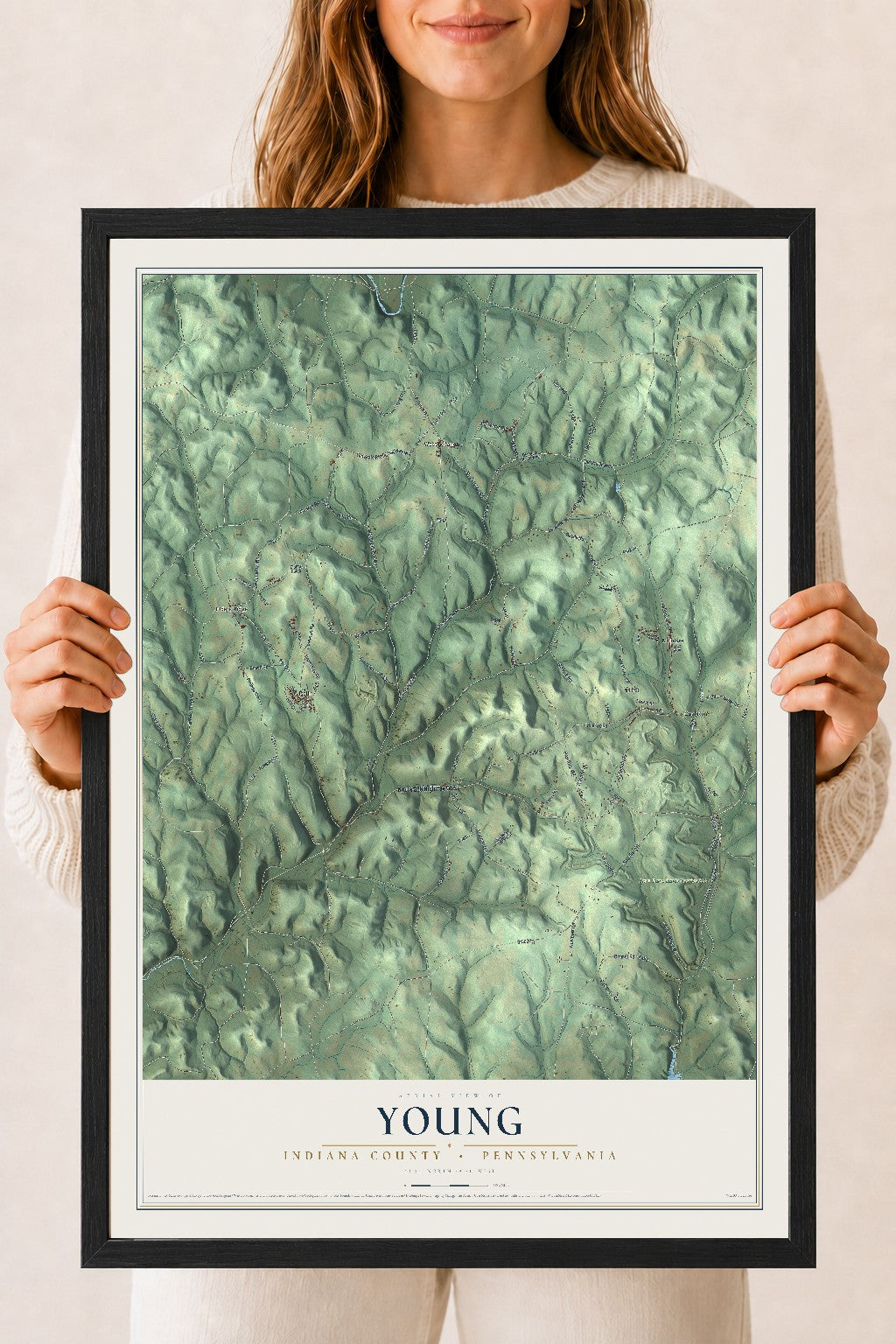 Map of Young, Indiana County, Pennsylvania, 18 x 24 inch print in a black wood frame