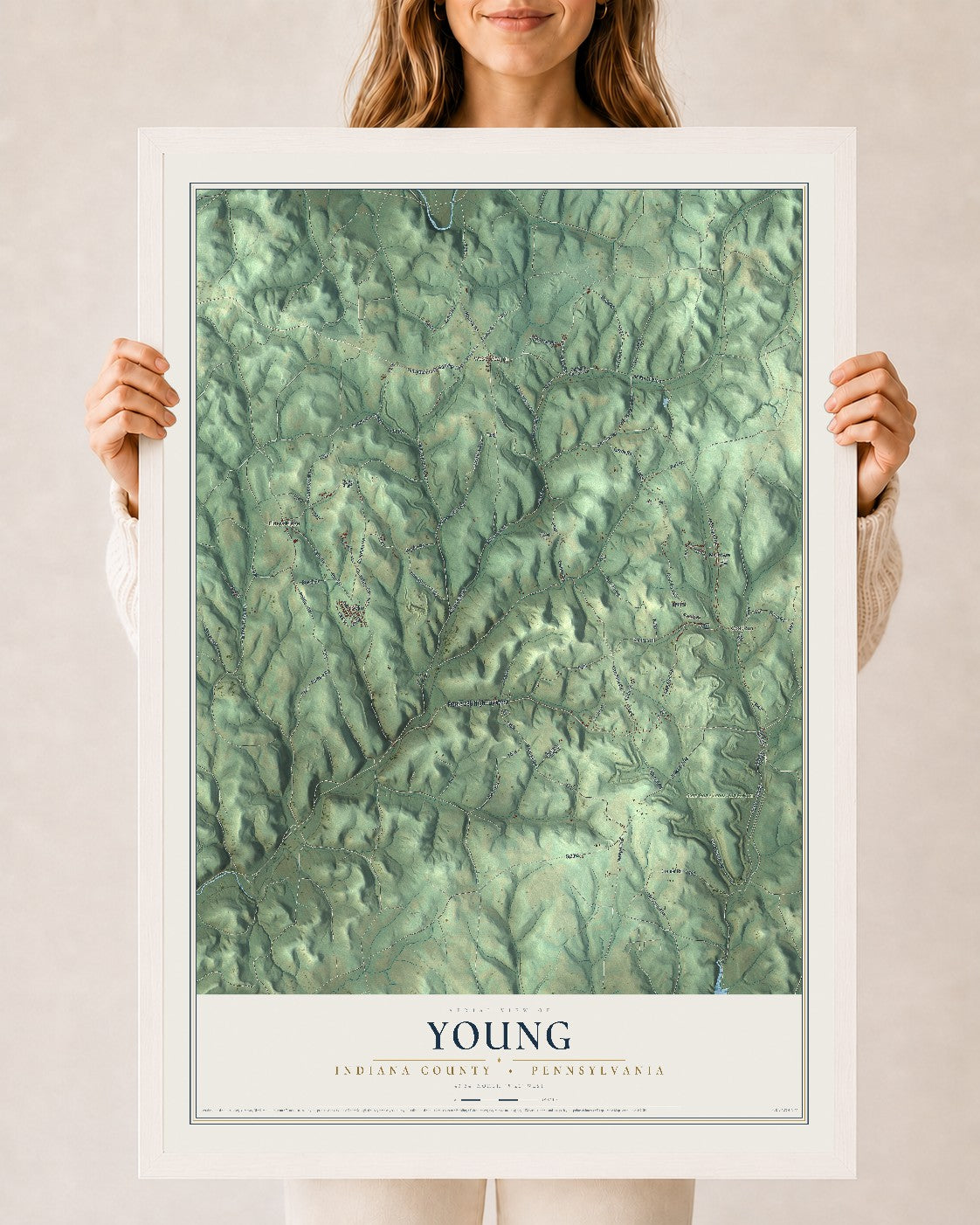 Map of Young, Indiana County, Pennsylvania, 24 x 36 inch print in a white wood frame