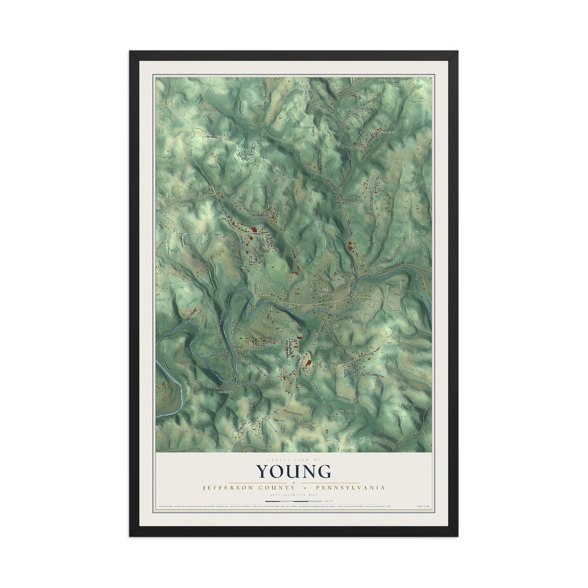 Map of Young, Jefferson County, Pennsylvania, 12 x 18 inch print in a black wood frame