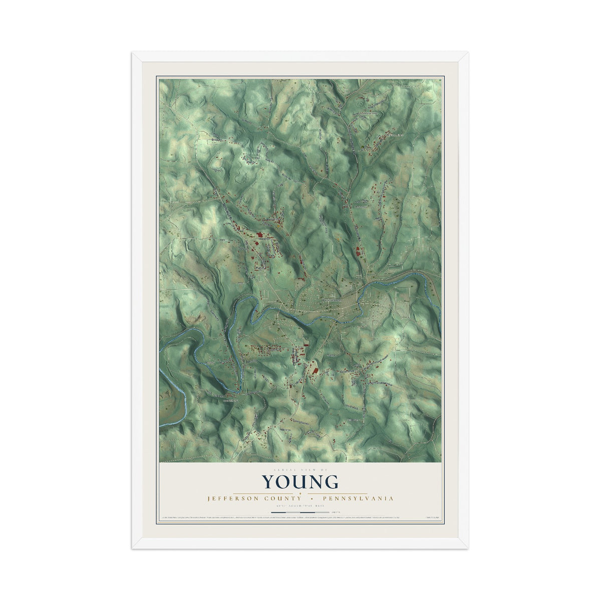 Map of Young, Jefferson County, Pennsylvania, 12 x 18 inch print in a white wood frame