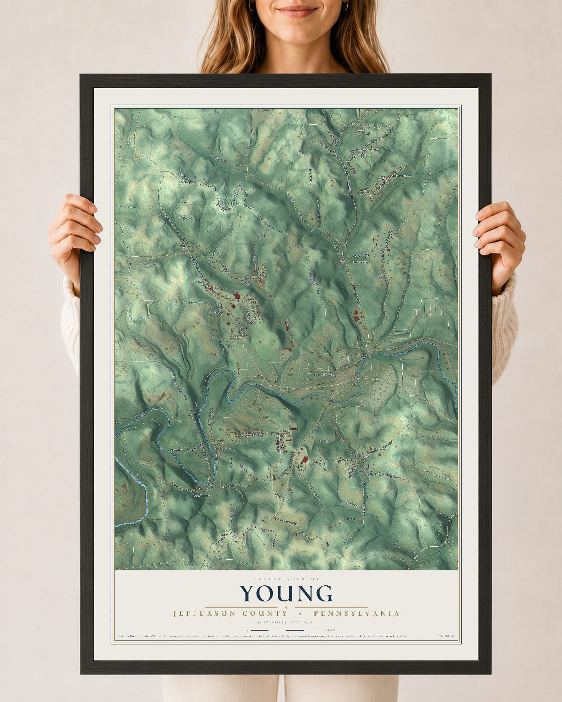 Map of Young, Jefferson County, Pennsylvania, 24 x 36 inch print in a black wood frame