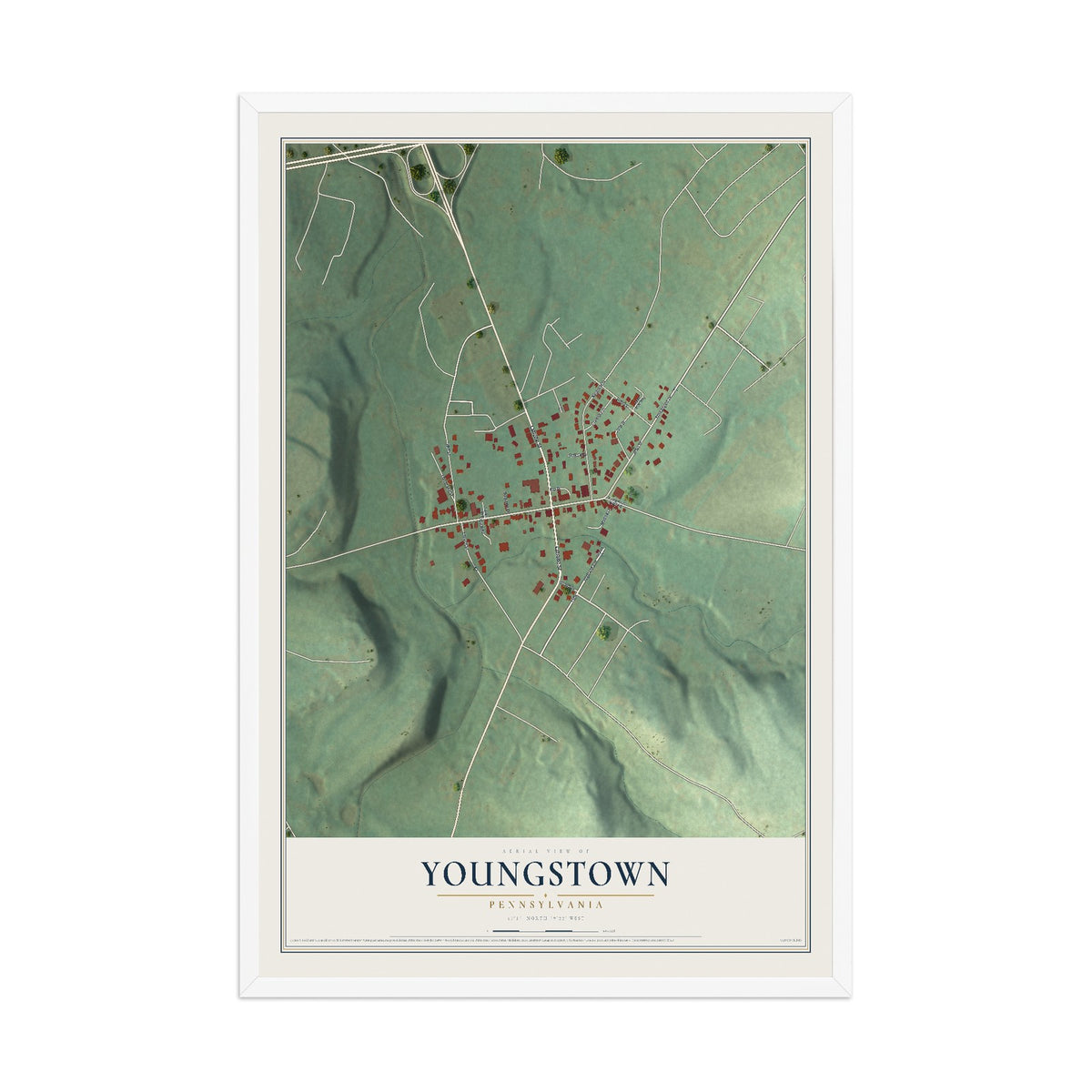 Map of Youngstown, Pennsylvania, 12 x 18 inch print in a white wood frame