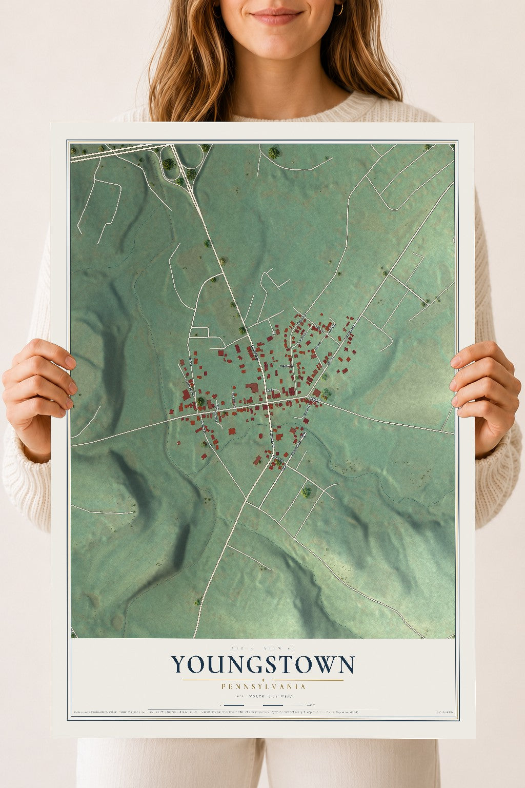 Map of Youngstown, Pennsylvania, 18 x 24 inch unframed archival matte print