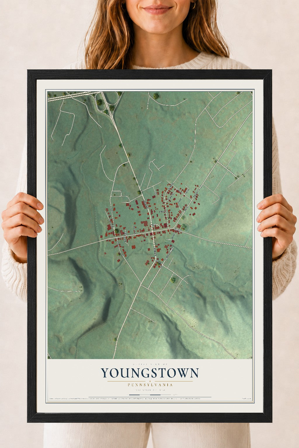 Map of Youngstown, Pennsylvania, 18 x 24 inch print in a black wood frame