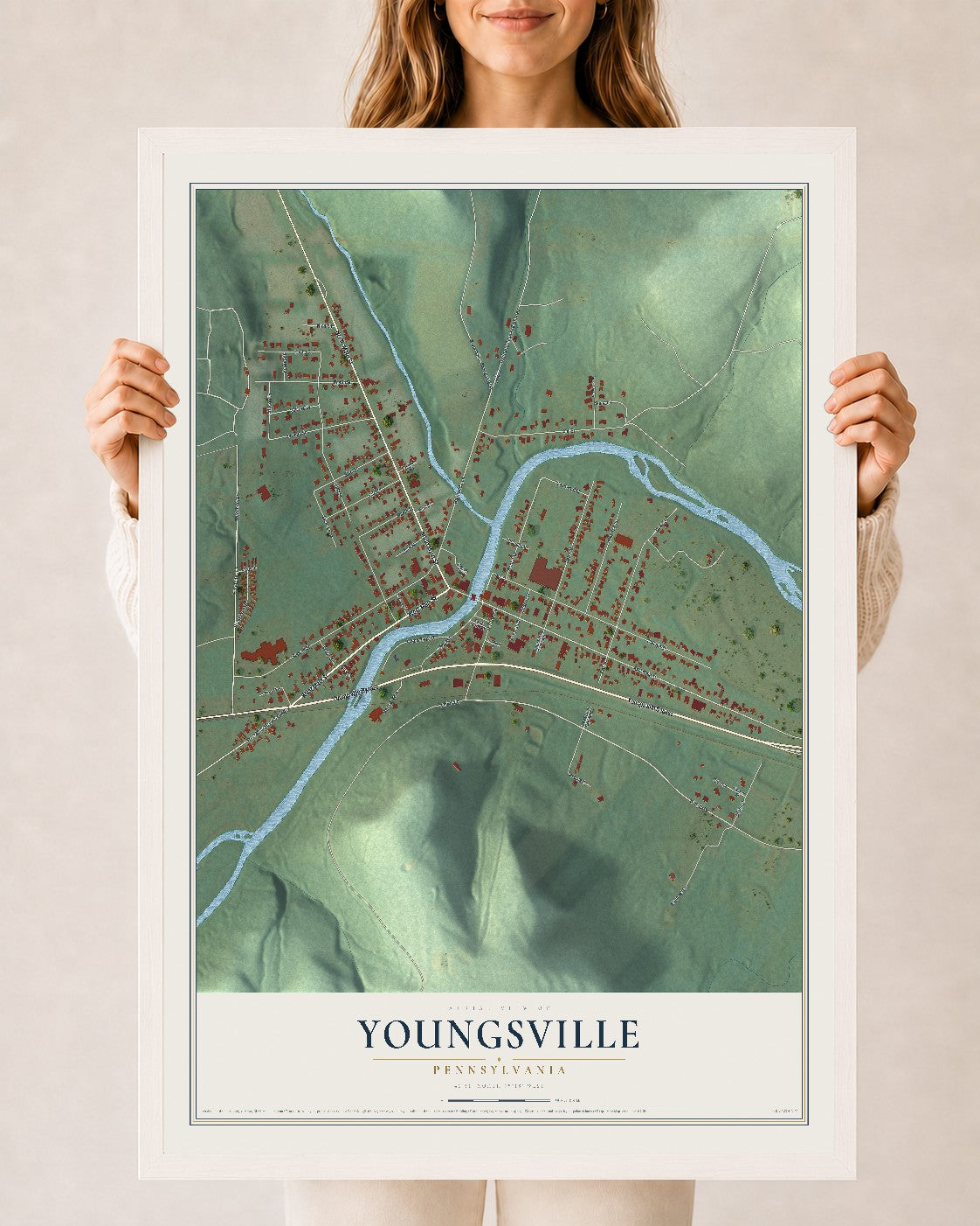 Map of Youngsville, Pennsylvania, 24 x 36 inch print in a white wood frame