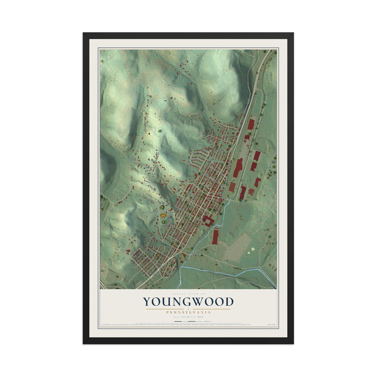 Map of Youngwood, Pennsylvania, 12 x 18 inch print in a black wood frame