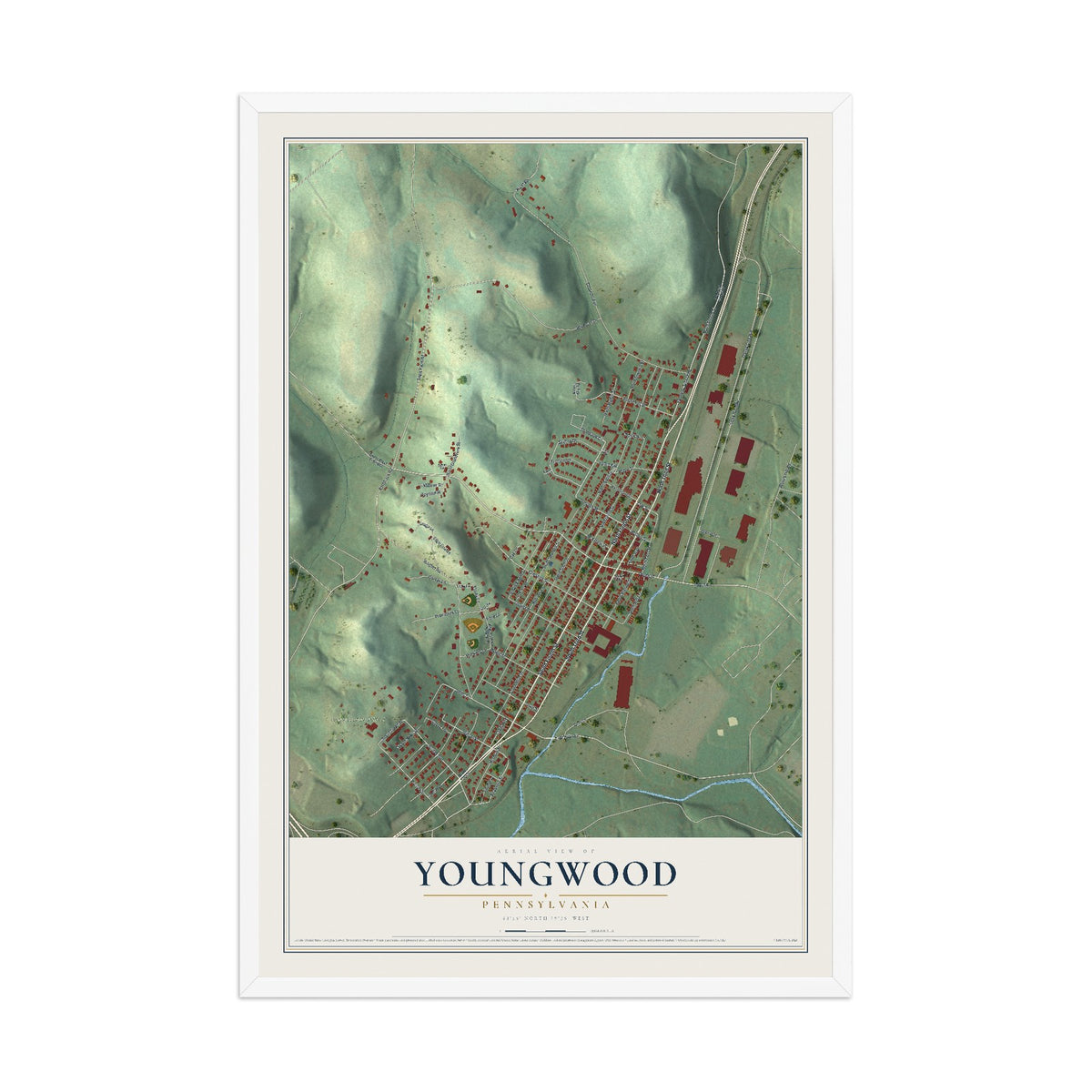 Map of Youngwood, Pennsylvania, 12 x 18 inch print in a white wood frame