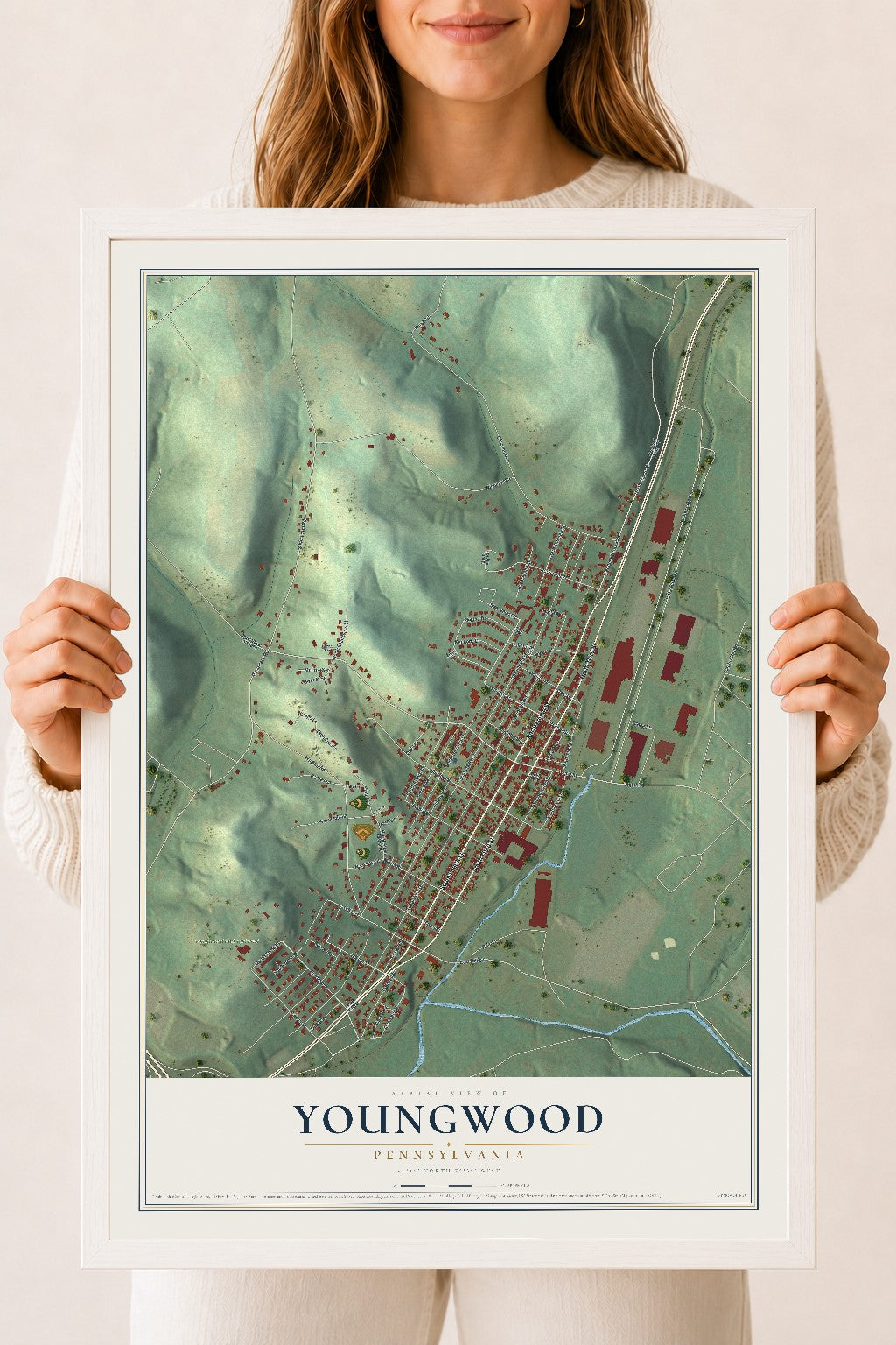 Map of Youngwood, Pennsylvania, 18 x 24 inch print in a white wood frame