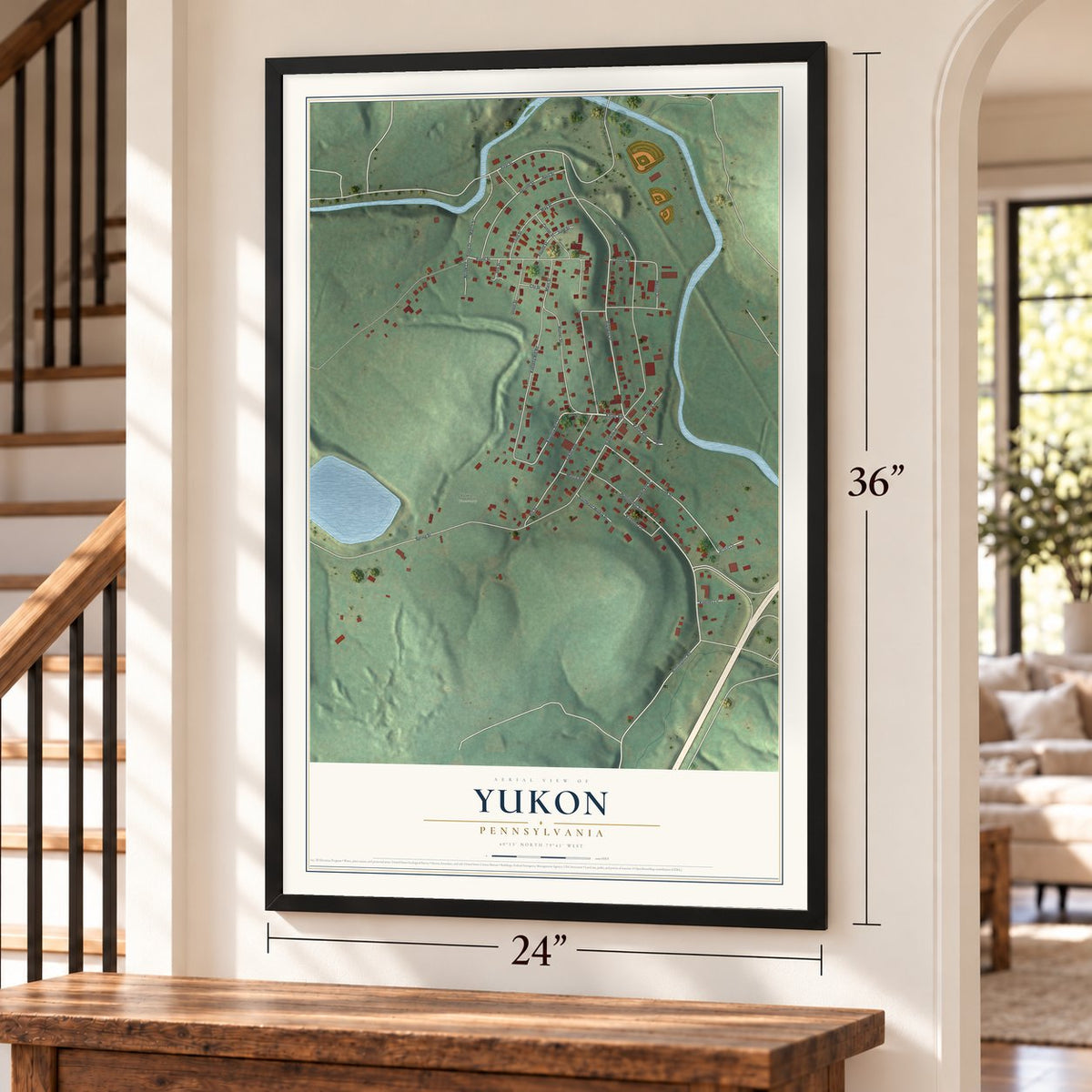Yukon, Pennsylvania map, 24 x 36 inch print in a black frame by a staircase
