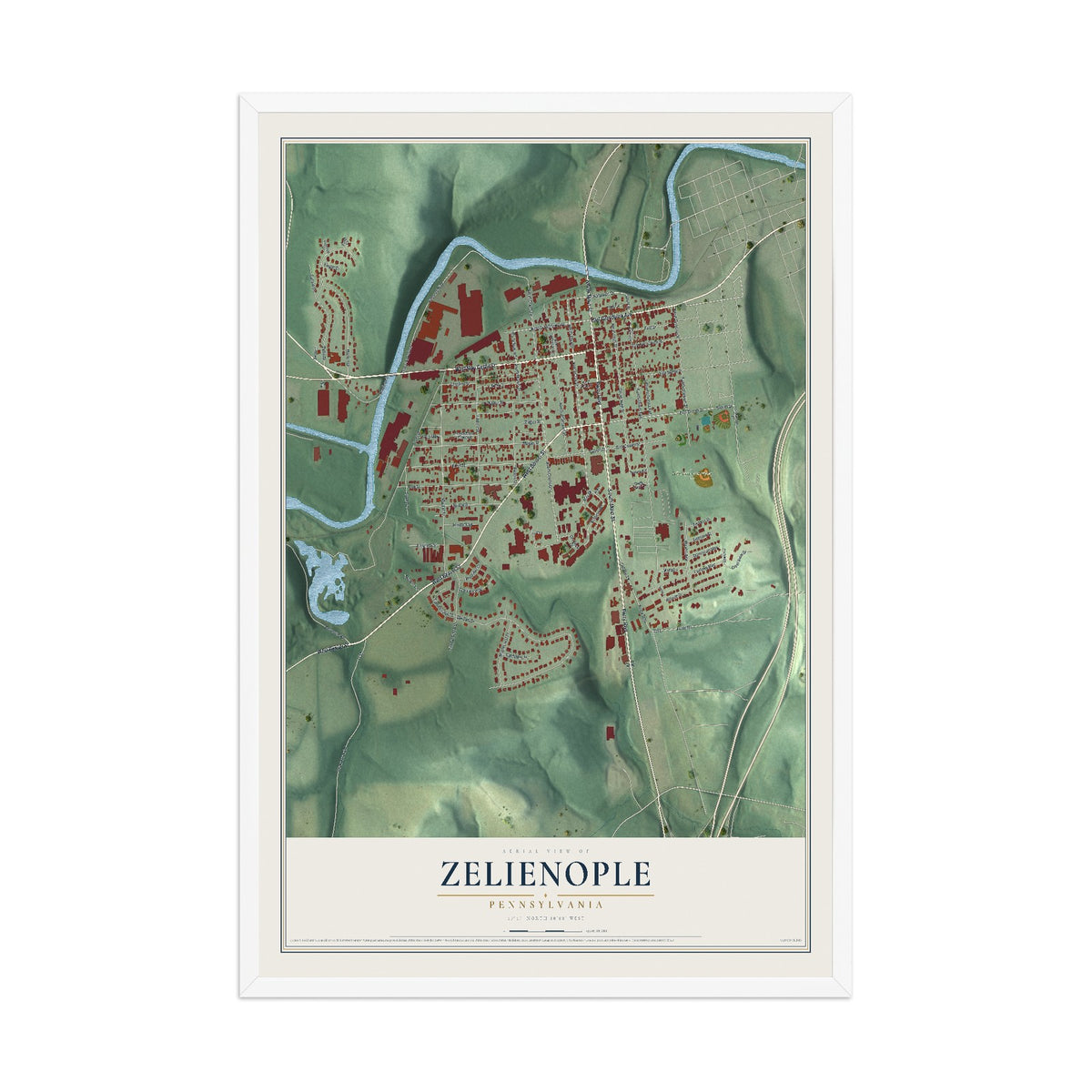 Map of Zelienople, Pennsylvania, 12 x 18 inch print in a white wood frame
