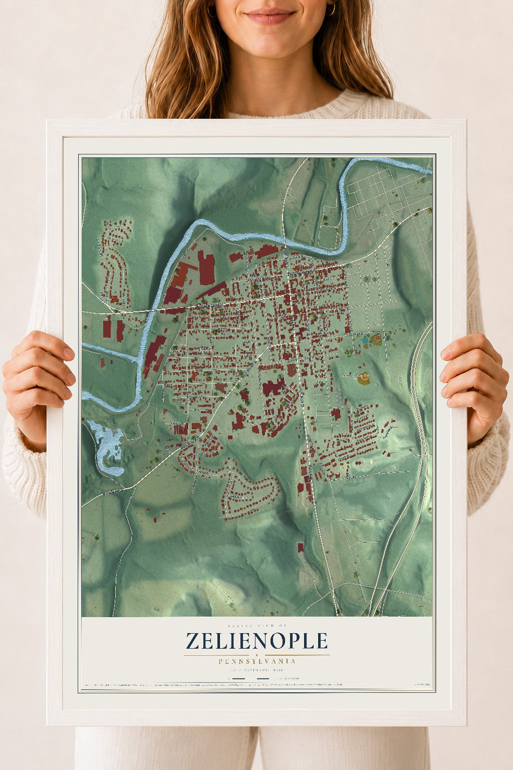Map of Zelienople, Pennsylvania, 18 x 24 inch print in a white wood frame
