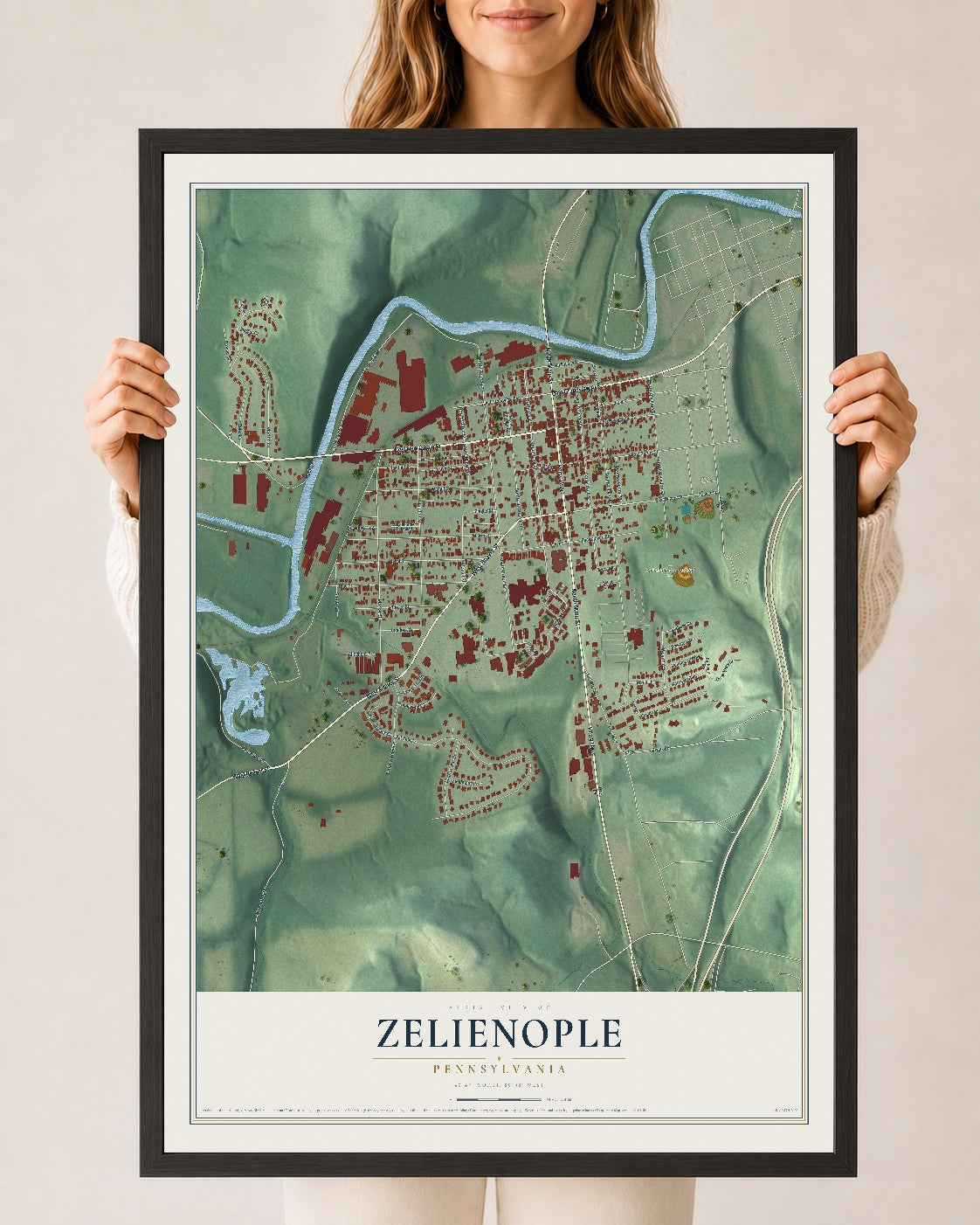 Map of Zelienople, Pennsylvania, 24 x 36 inch print in a black wood frame
