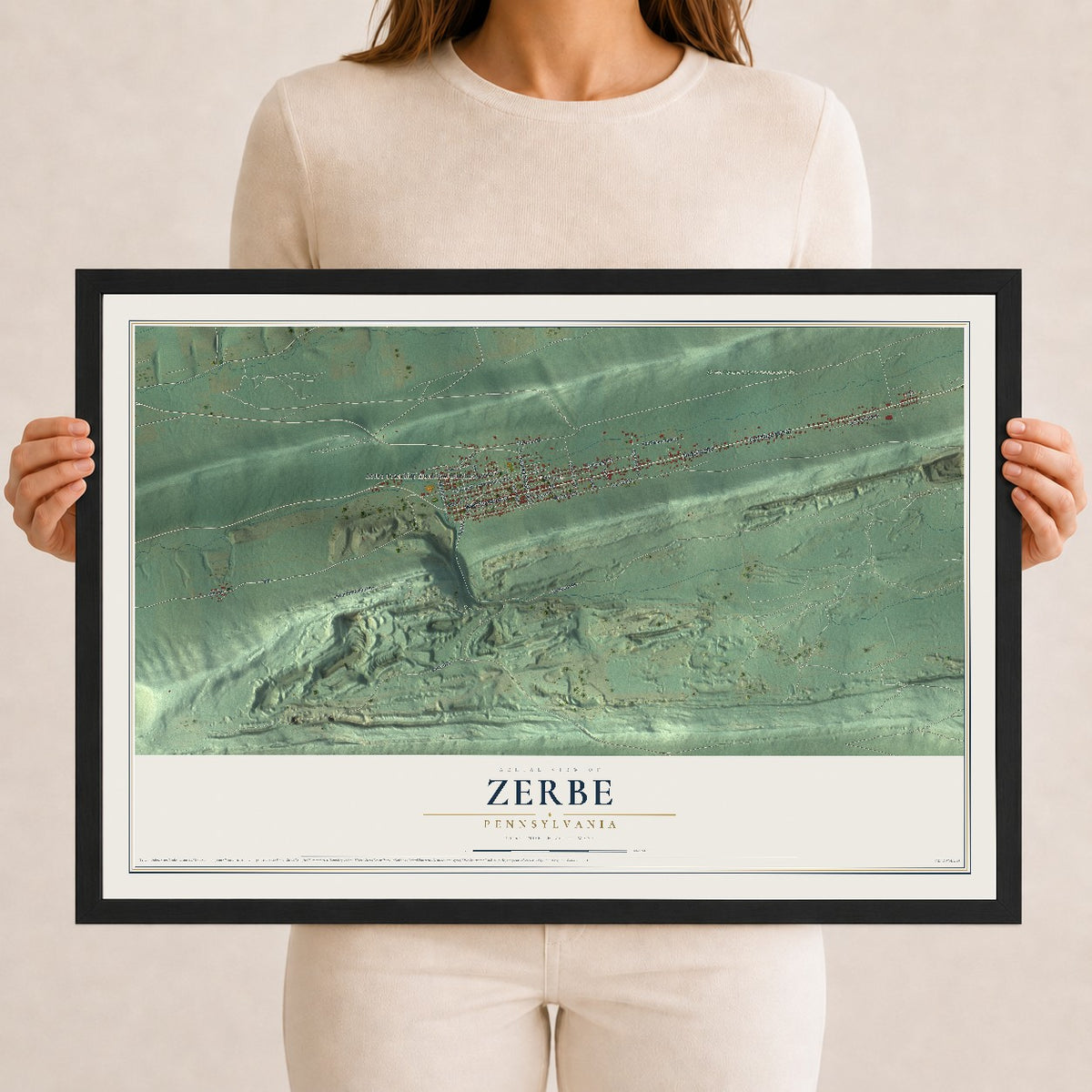 Map of Zerbe, Pennsylvania, 12 x 18 inch print in a black wood frame