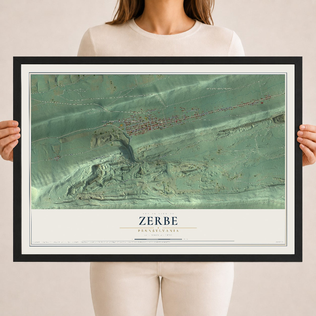Map of Zerbe, Pennsylvania, 18 x 24 inch print in a black wood frame