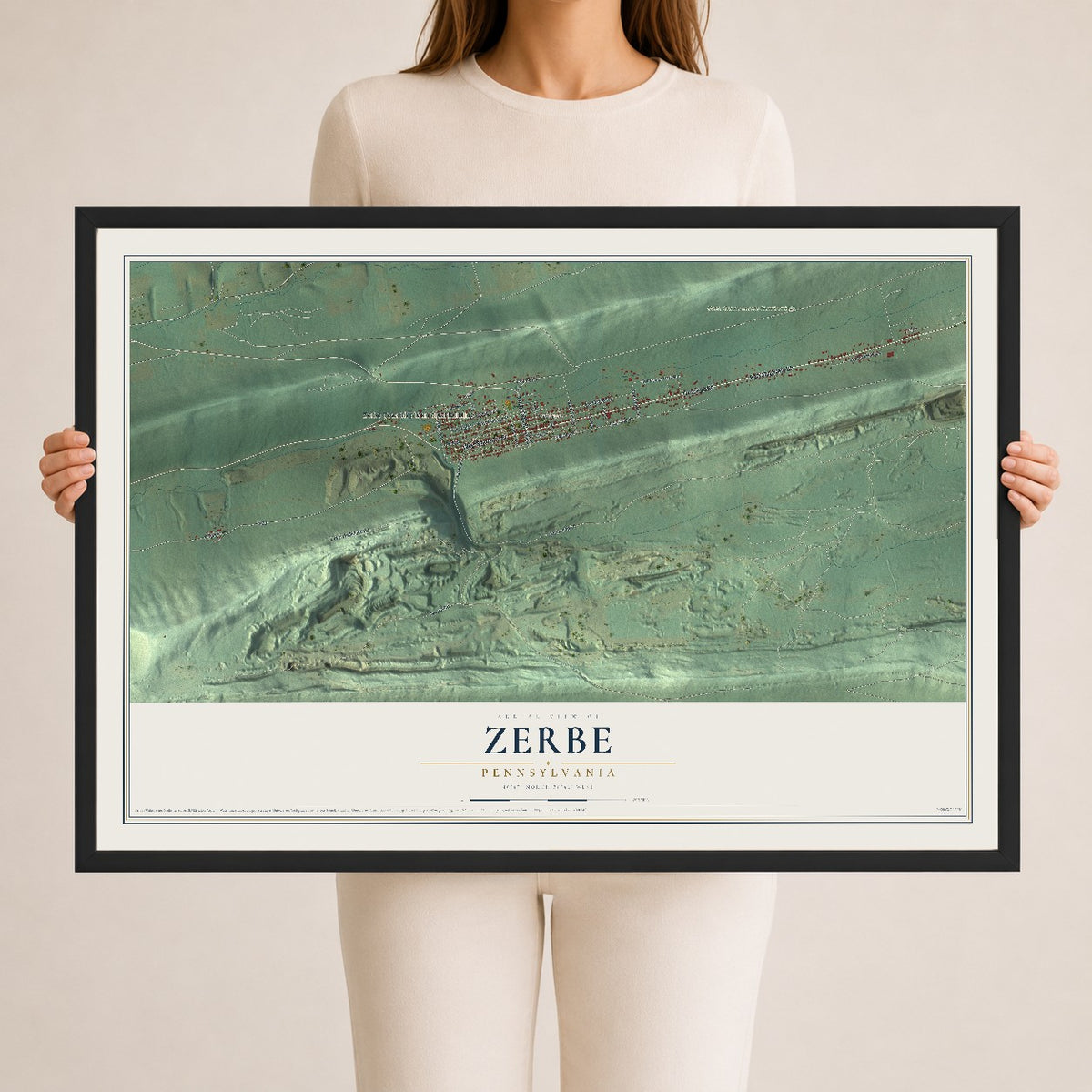 Map of Zerbe, Pennsylvania, 24 x 36 inch print in a black wood frame