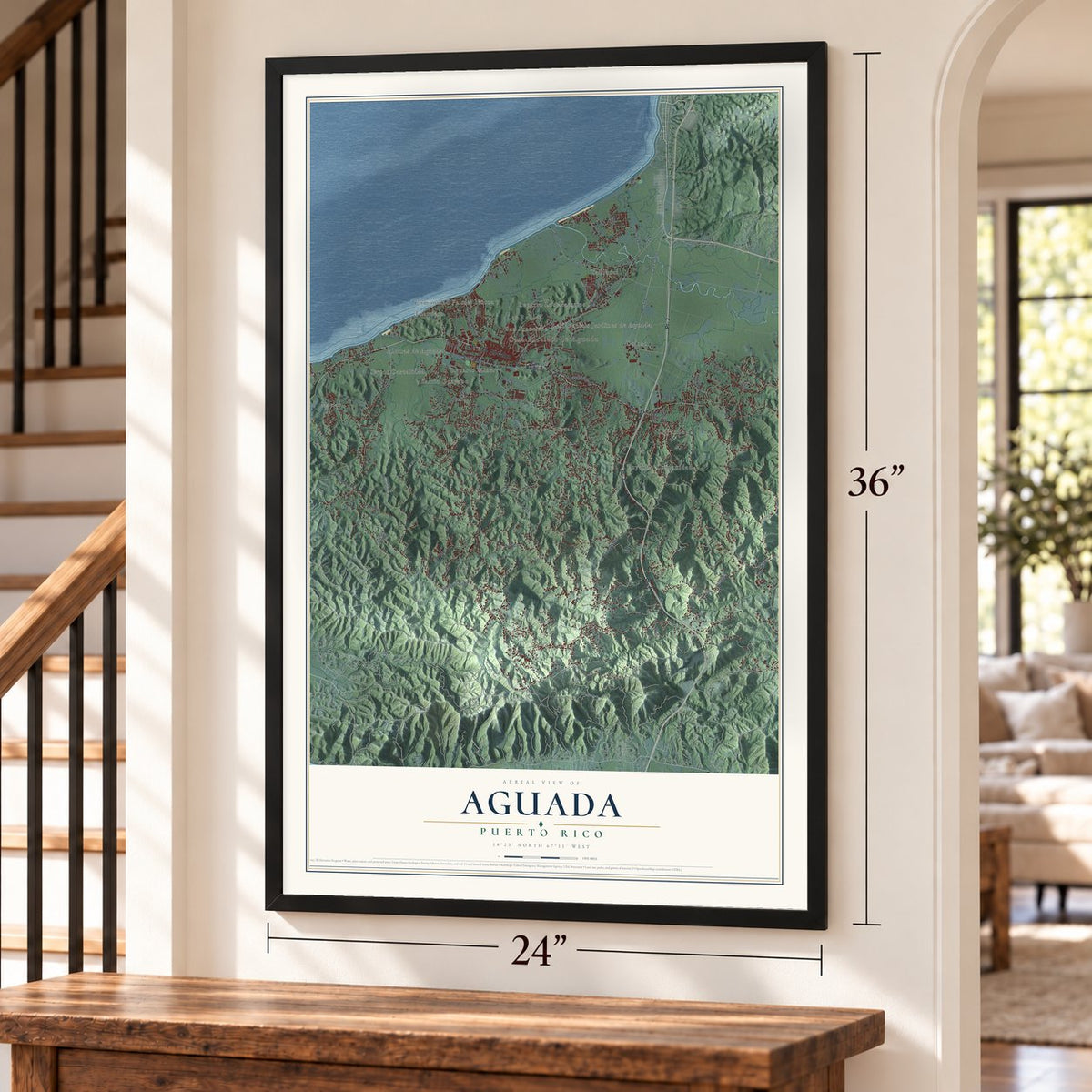 Aguada, Puerto Rico map, 24 x 36 inch print in a black frame by a staircase