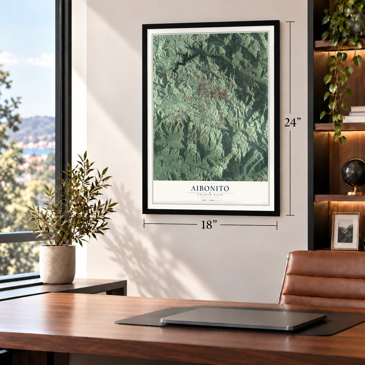 Aibonito, Puerto Rico map, 18 x 24 inch print in a black frame in a home office