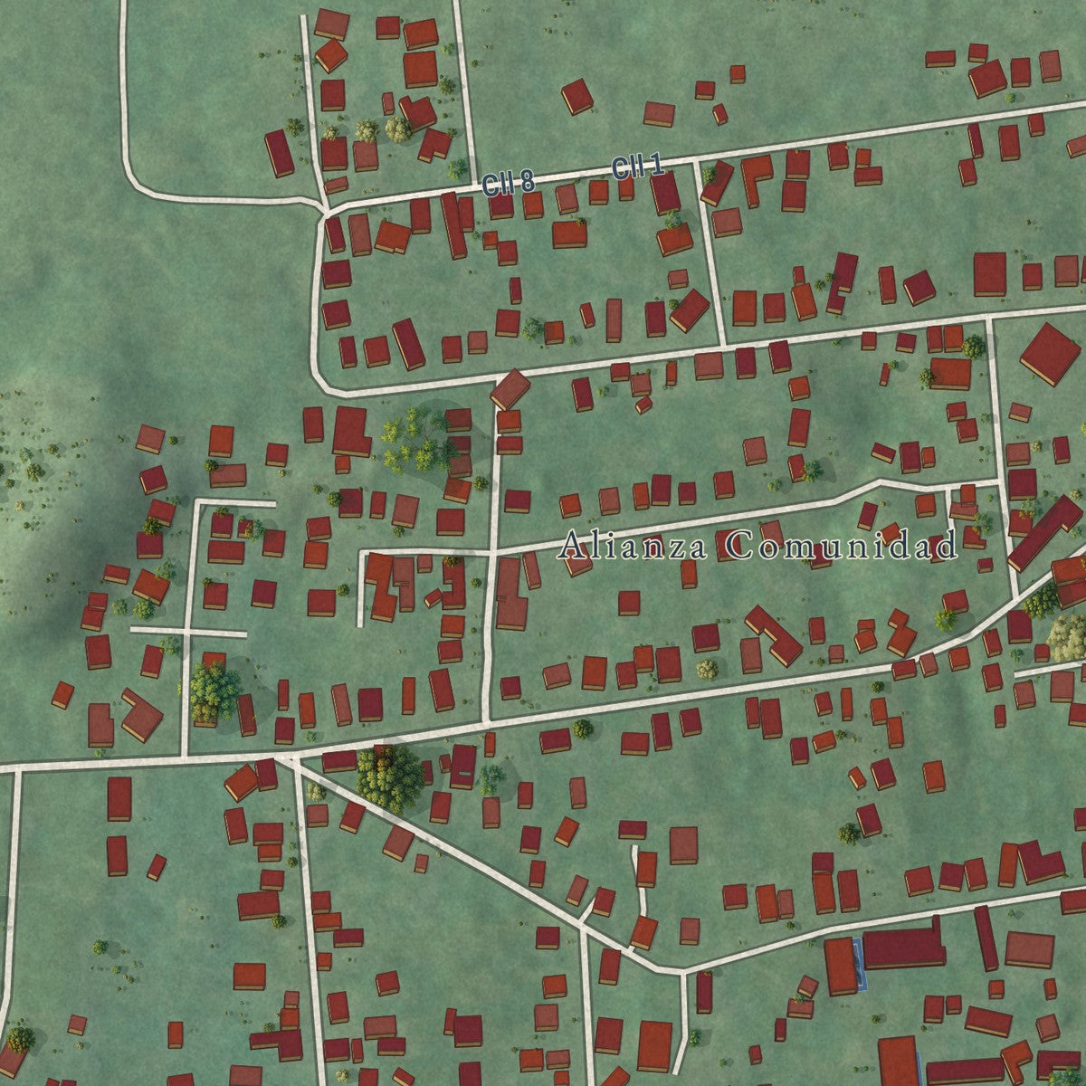 Close-up of the map of Alianza, Puerto Rico print showing street and building detail
