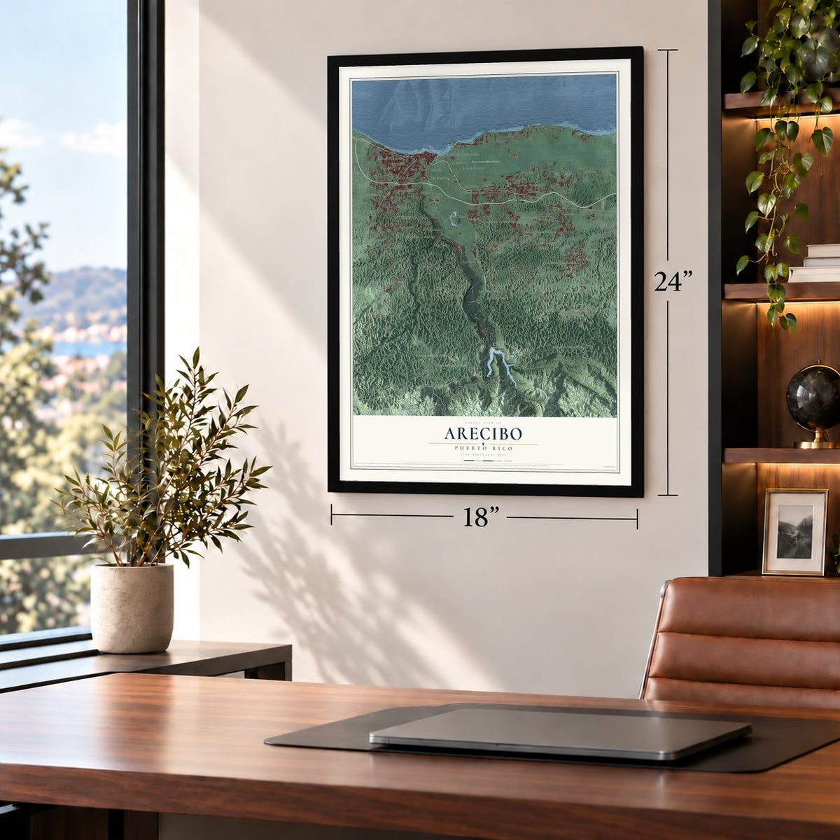 Arecibo, Puerto Rico map, 18 x 24 inch print in a black frame in a home office