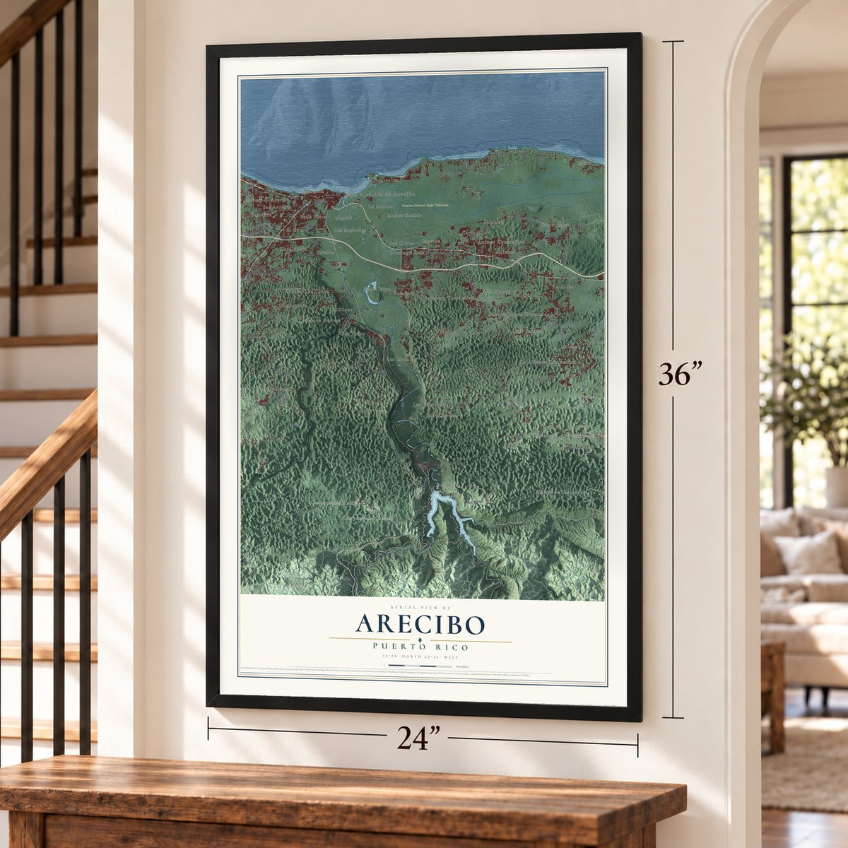 Arecibo, Puerto Rico map, 24 x 36 inch print in a black frame by a staircase