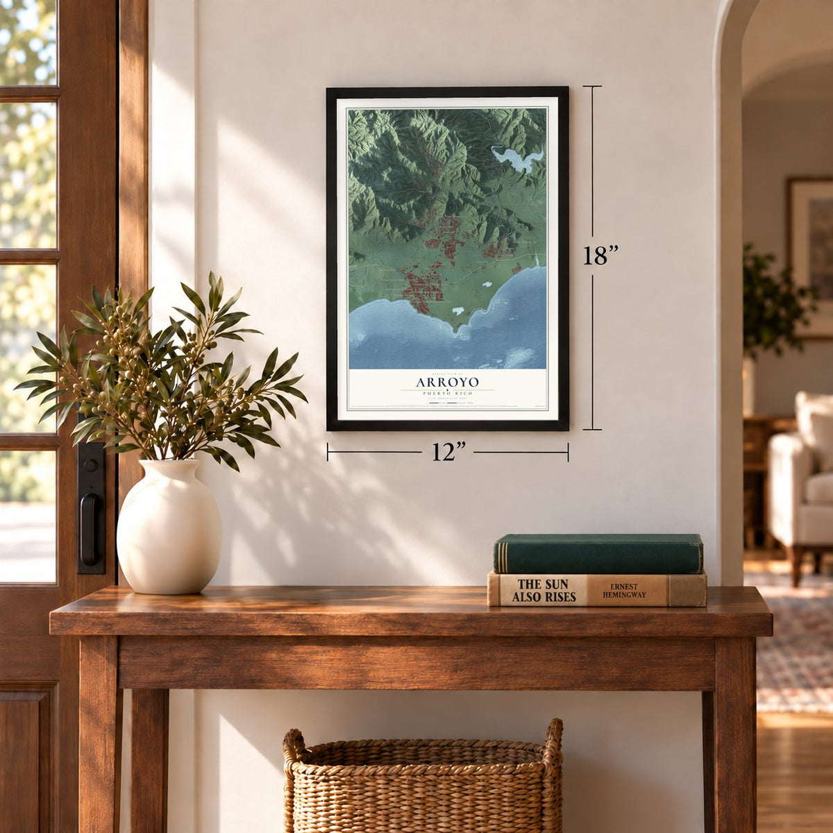 Arroyo, Puerto Rico map, 12 x 18 inch print in a black frame in an entryway
