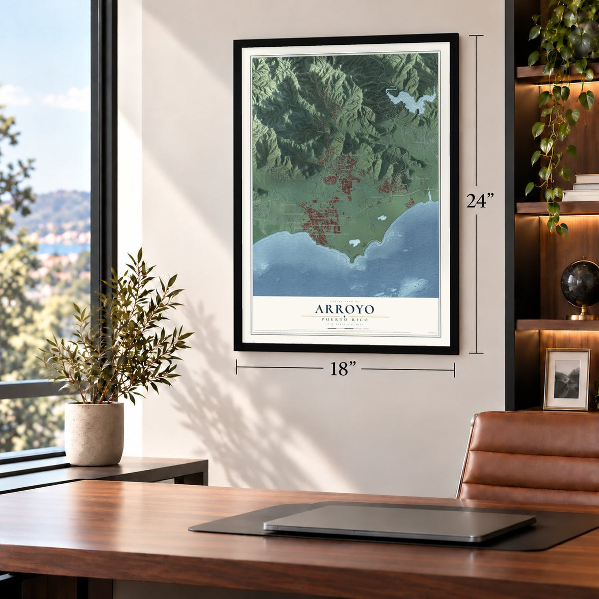 Arroyo, Puerto Rico map, 18 x 24 inch print in a black frame in a home office