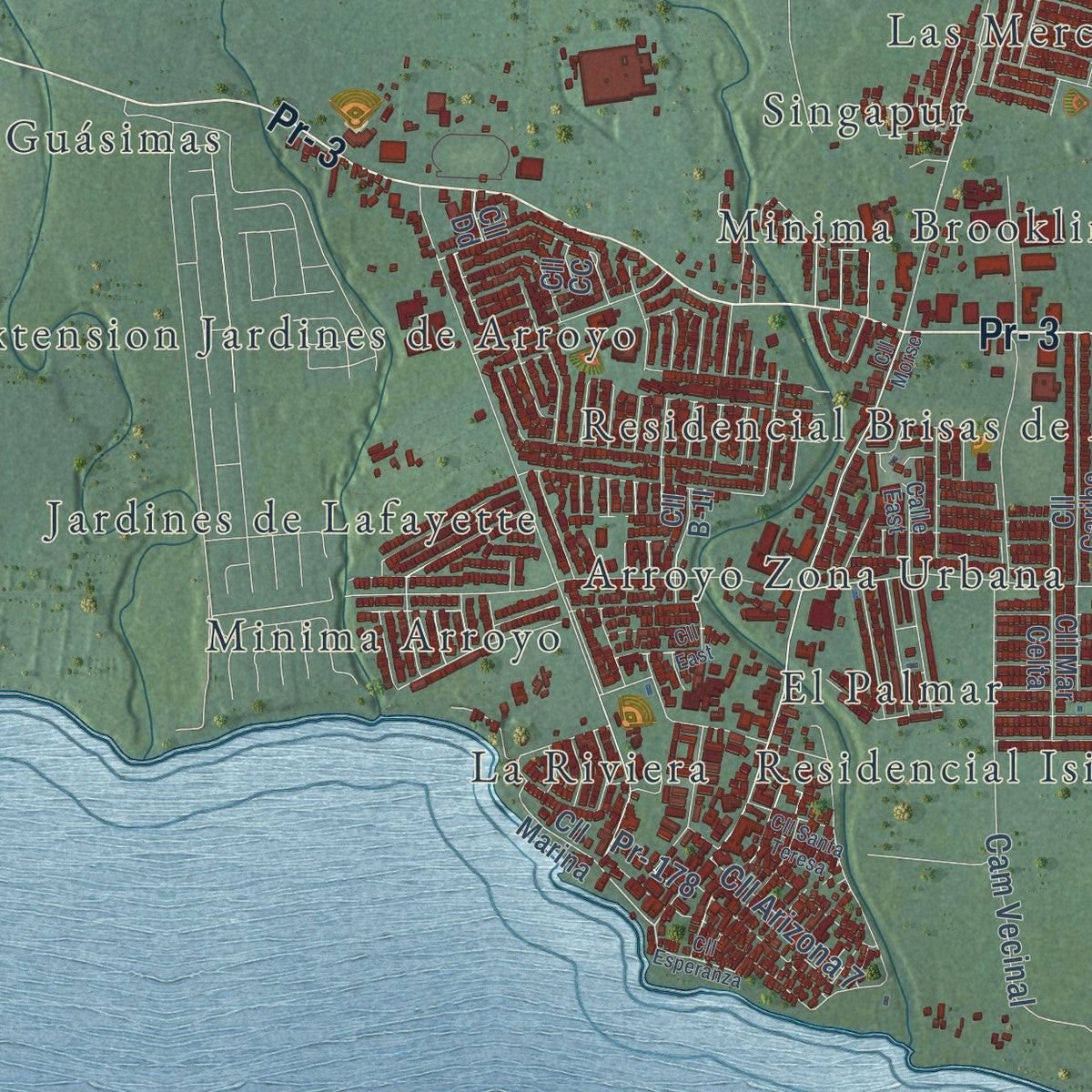 Close-up of the map of Arroyo, Puerto Rico print showing street and building detail