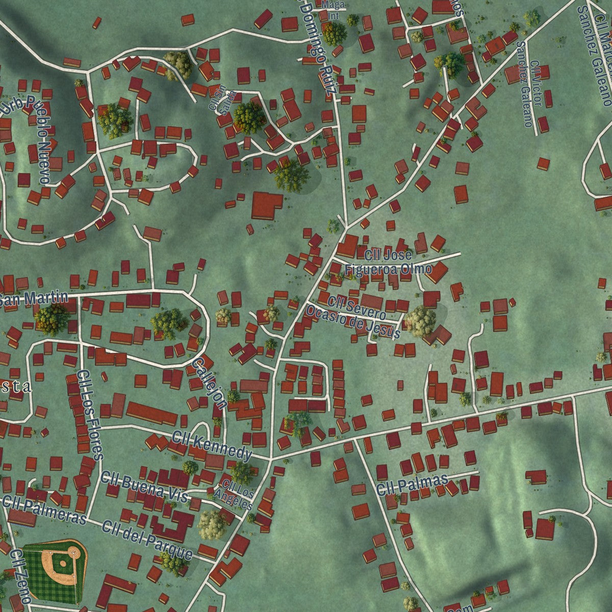 Close-up of the map of Bajadero, Puerto Rico print showing street and building detail