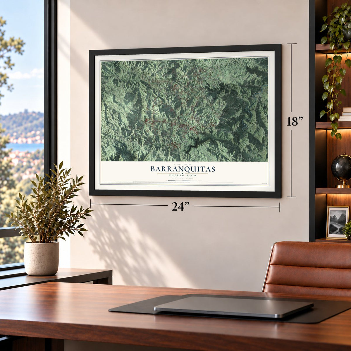 Barranquitas, Puerto Rico map, 18 x 24 inch print in a black frame in a home office