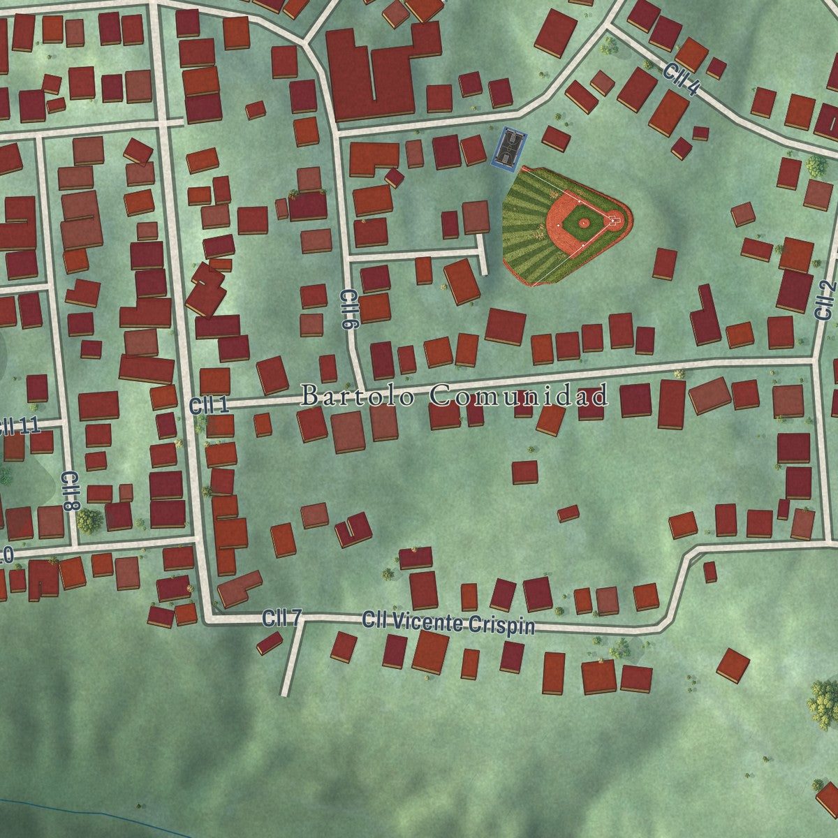Close-up of the map of Bartolo, Puerto Rico print showing street and building detail