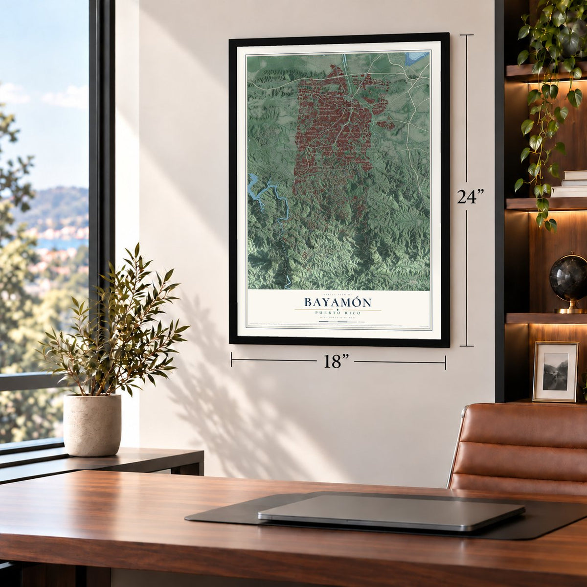 Bayamón, Puerto Rico map, 18 x 24 inch print in a black frame in a home office