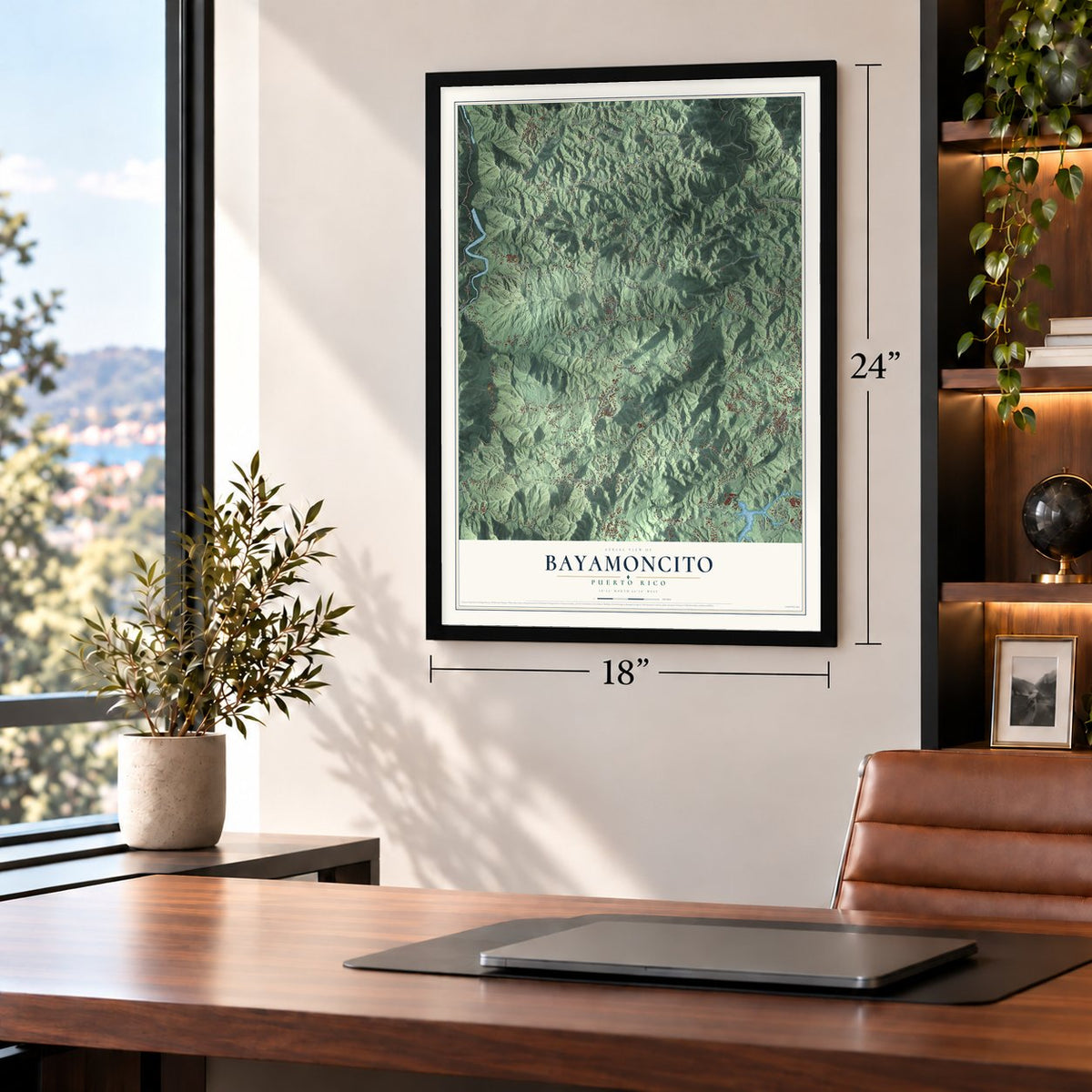 Bayamoncito, Puerto Rico map, 18 x 24 inch print in a black frame in a home office