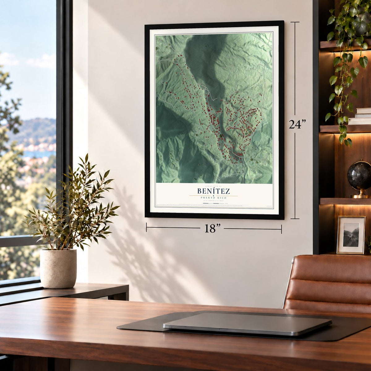 Benítez, Puerto Rico map, 18 x 24 inch print in a black frame in a home office