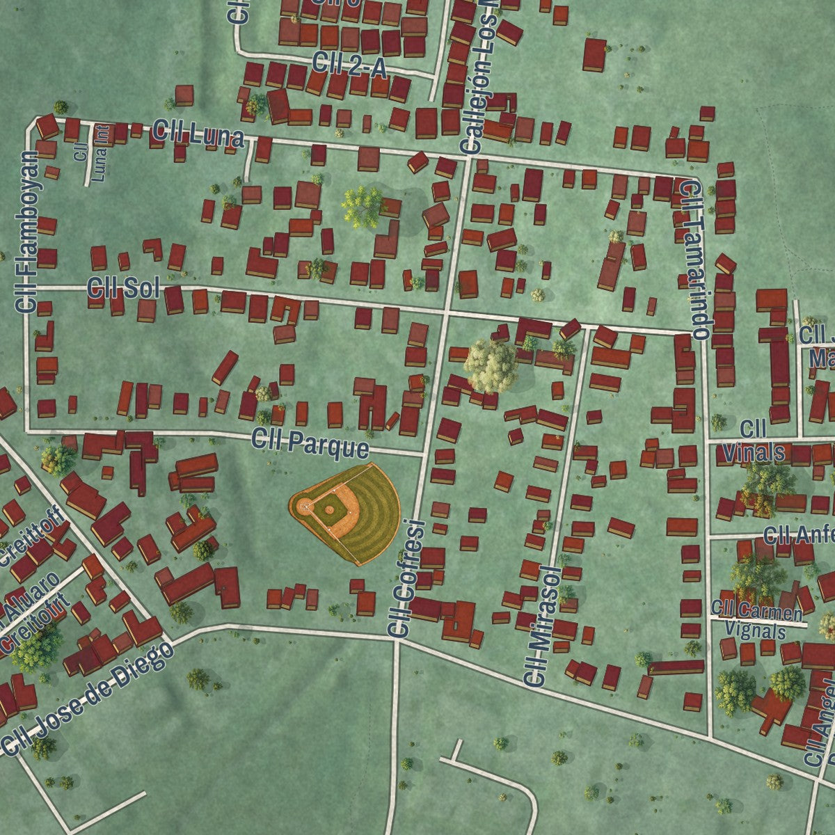 Close-up of the map of Boquerón, Cabo Rojo Municipio, Puerto Rico print showing street and building detail