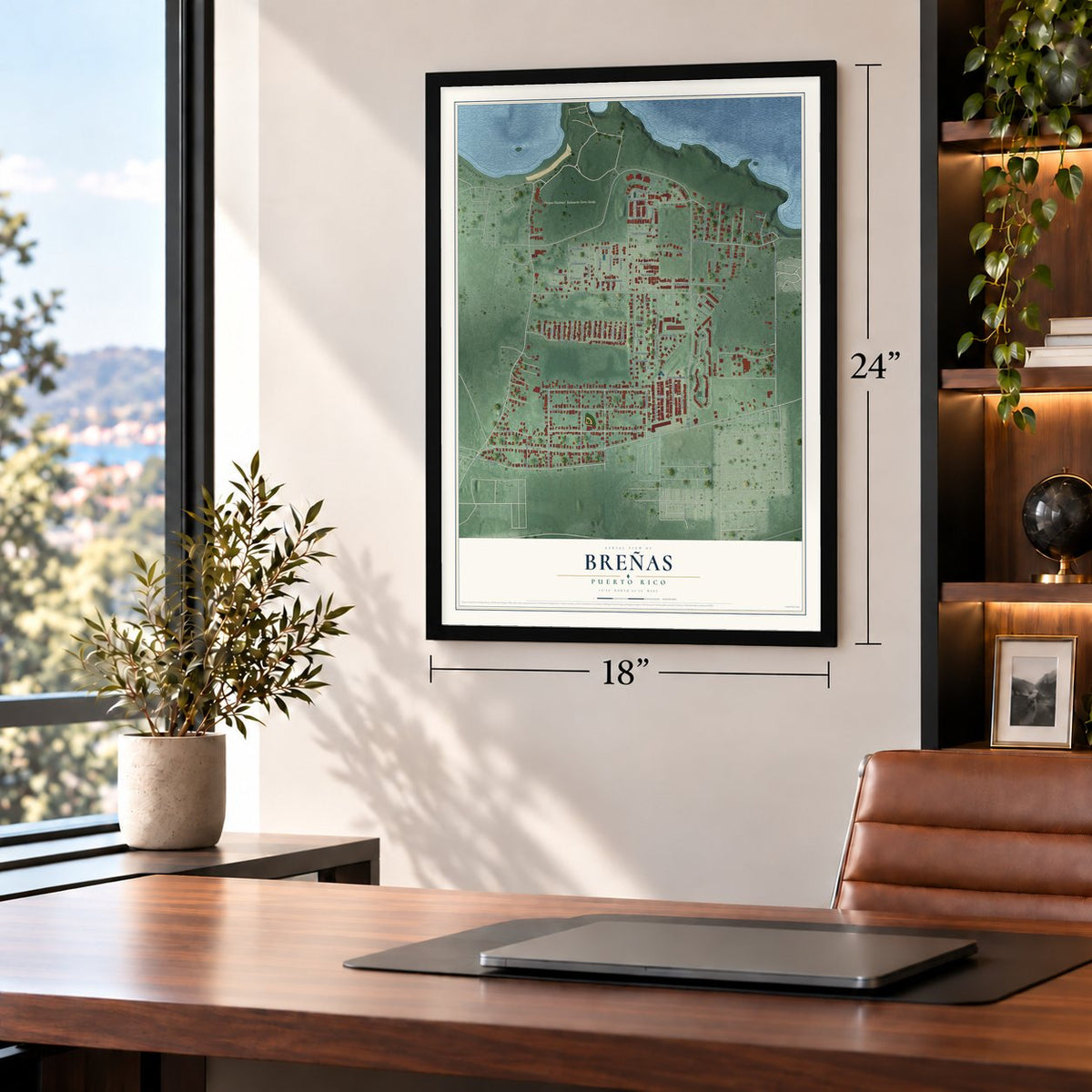 Breñas, Puerto Rico map, 18 x 24 inch print in a black frame in a home office