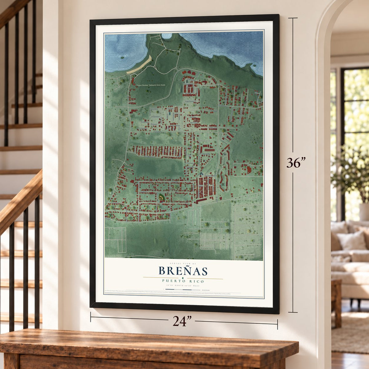 Breñas, Puerto Rico map, 24 x 36 inch print in a black frame by a staircase