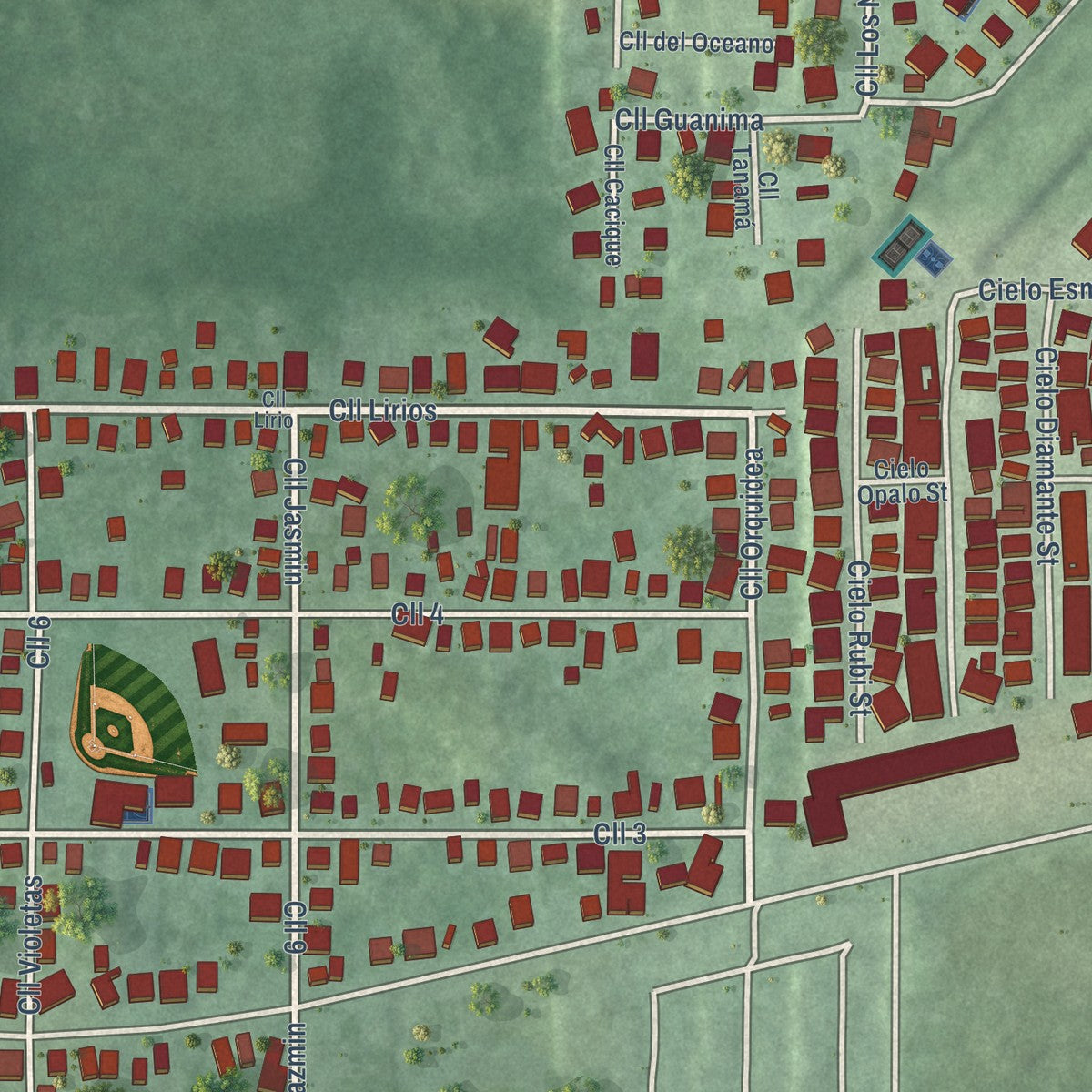 Close-up of the map of Breñas, Puerto Rico print showing street and building detail