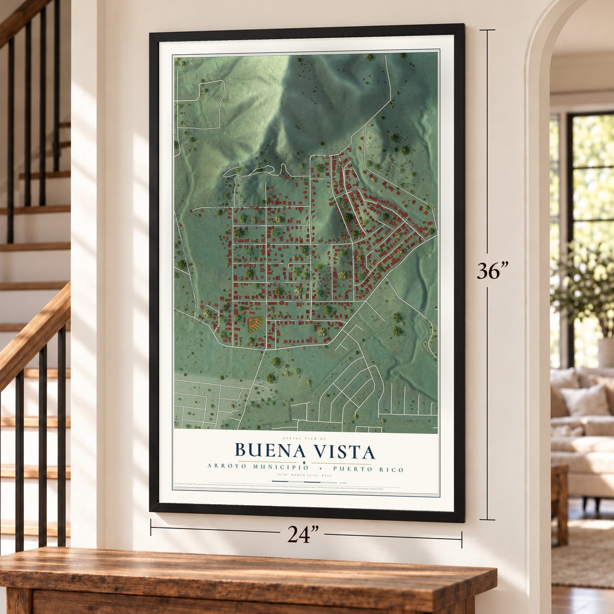 Buena Vista, Arroyo Municipio, Puerto Rico map, 24 x 36 inch print in a black frame by a staircase