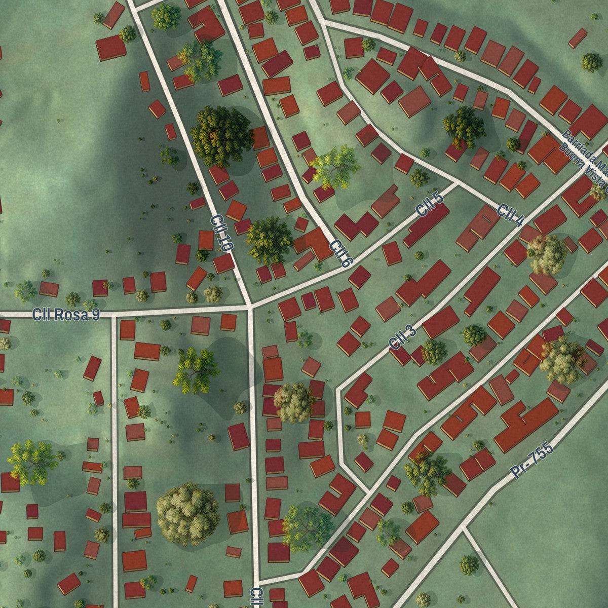 Close-up of the map of Buena Vista, Arroyo Municipio, Puerto Rico print showing street and building detail