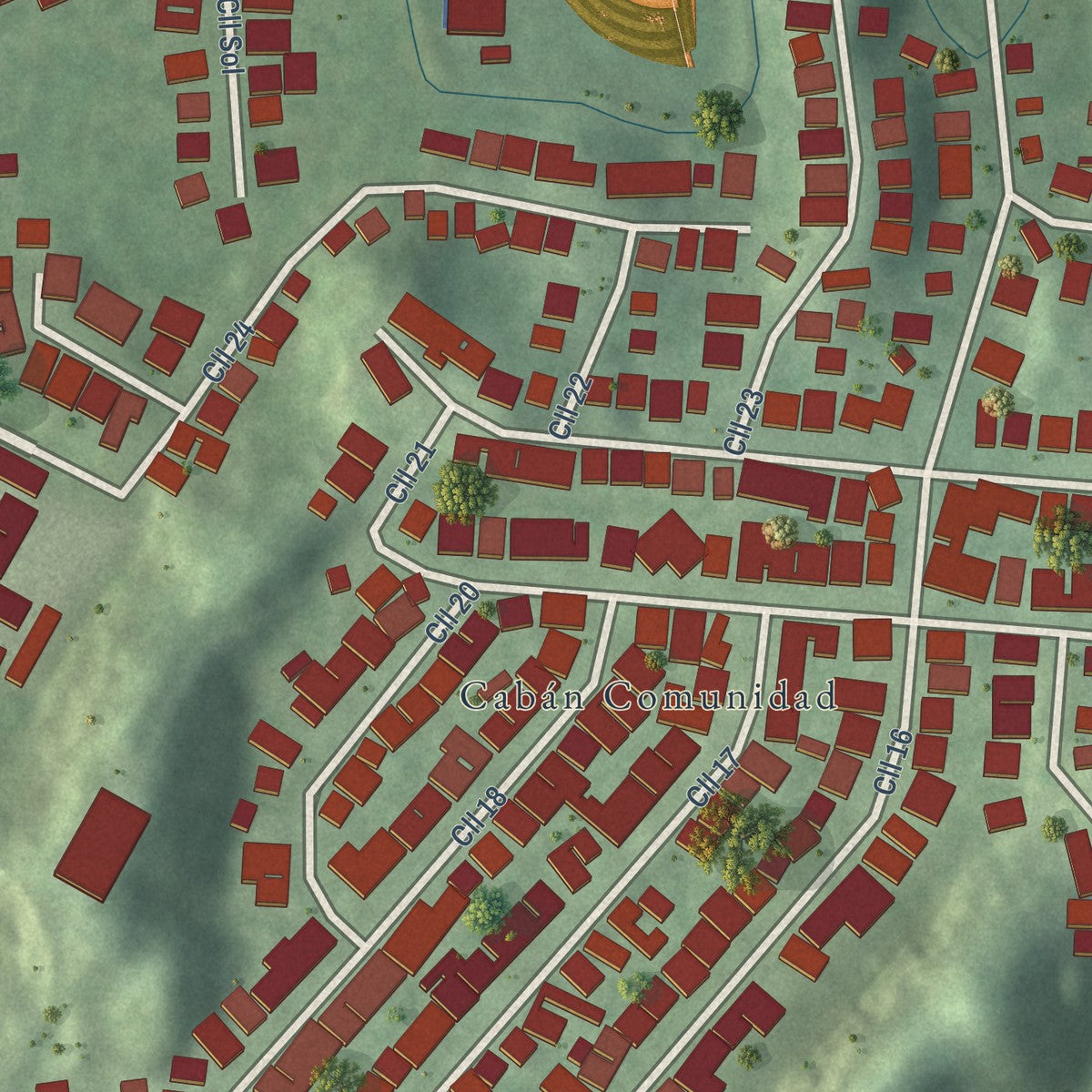 Close-up of the map of Cabán, Puerto Rico print showing street and building detail