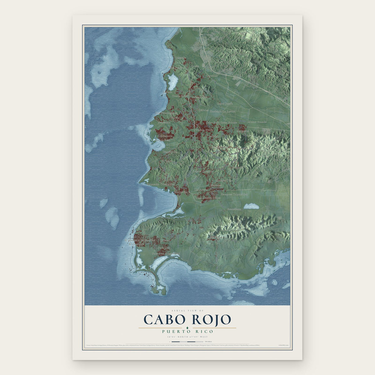 Cabo Rojo, Puerto Rico map print, the full design